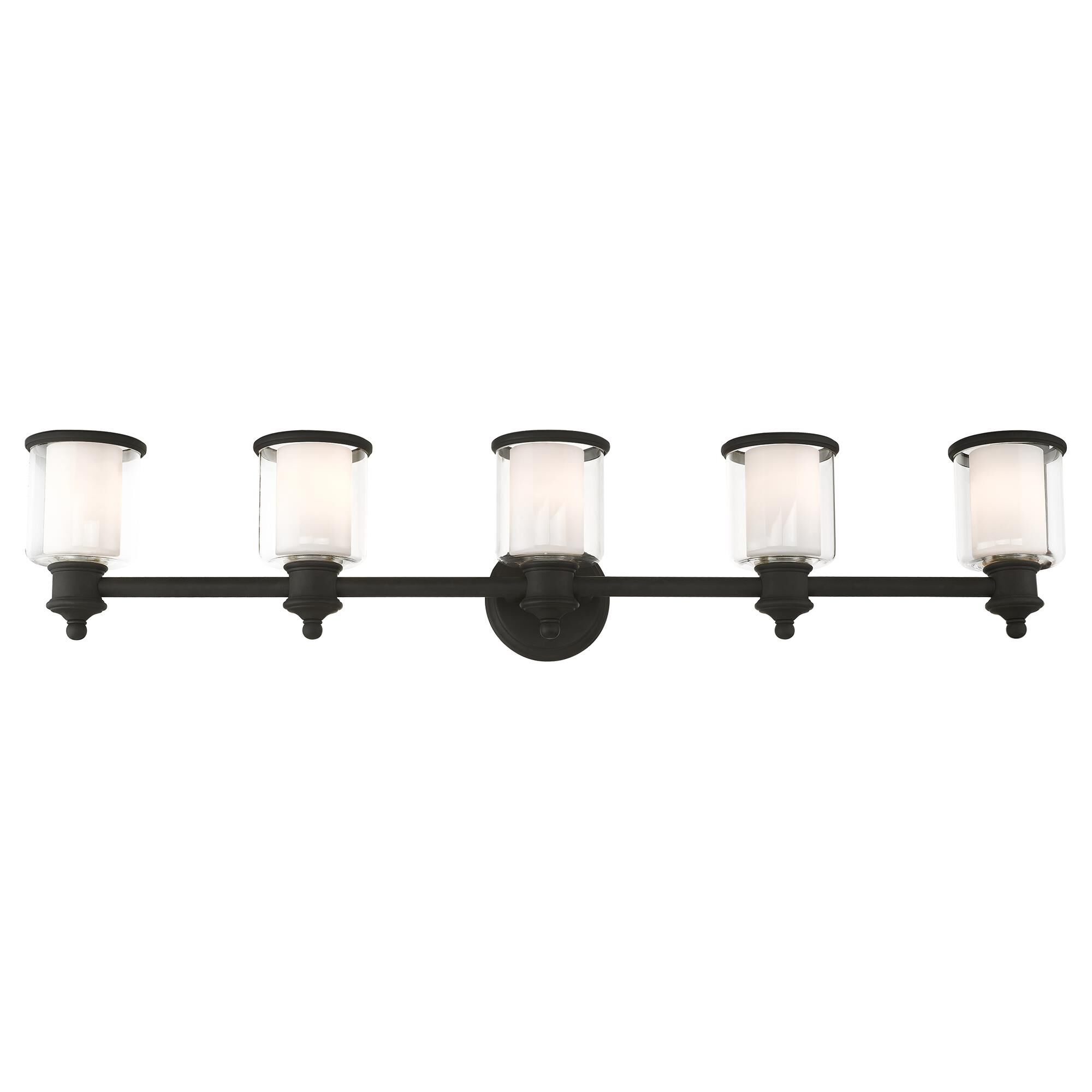 Shown in Black finish and Hand Blown Clear Outer  & Satin Opal White Inner glass and Hand Blown Clear Outer Glass & Satin Opal White Inner Glass shade