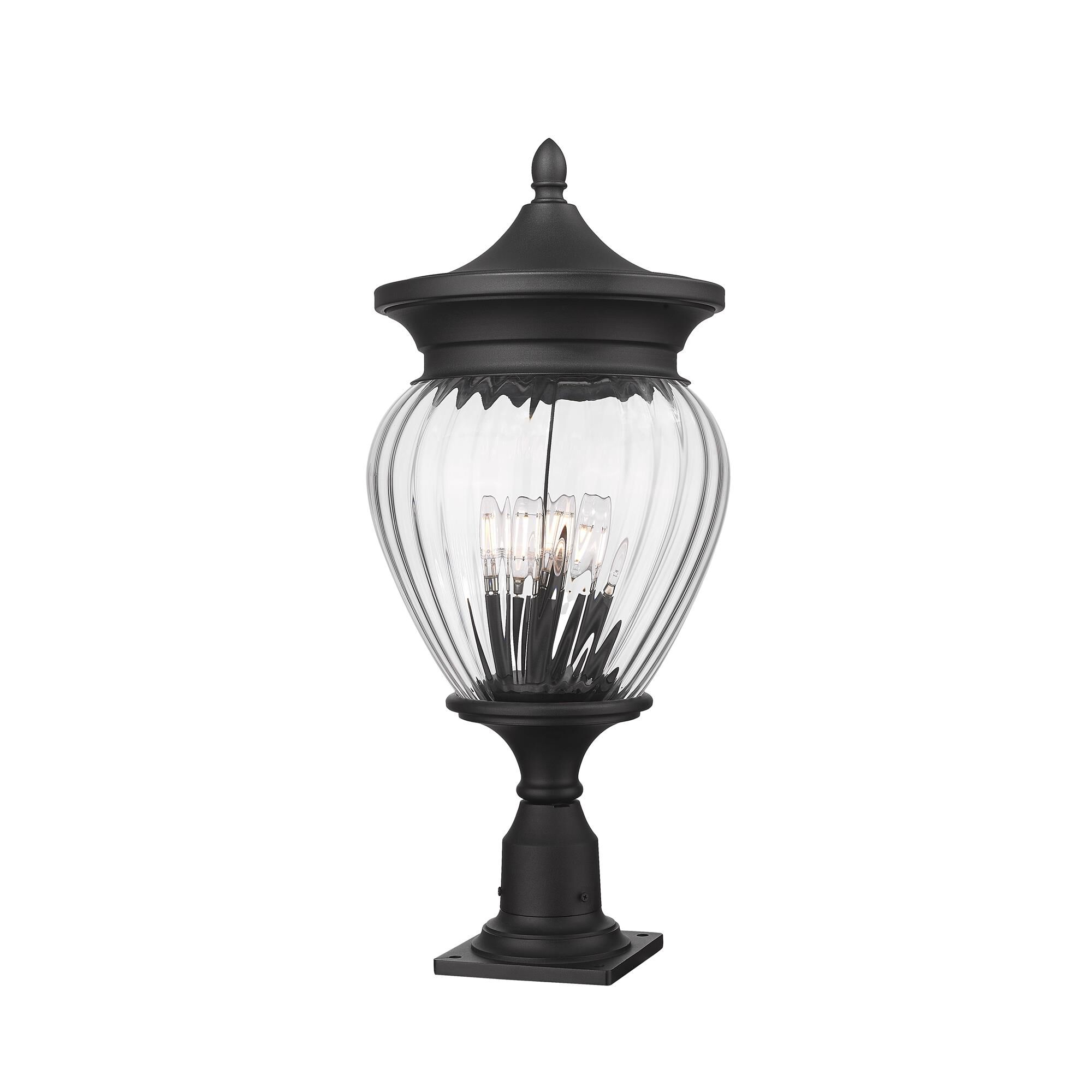 Shown in Black finish and Clear Ribbed glass and Clear Ribbed shade