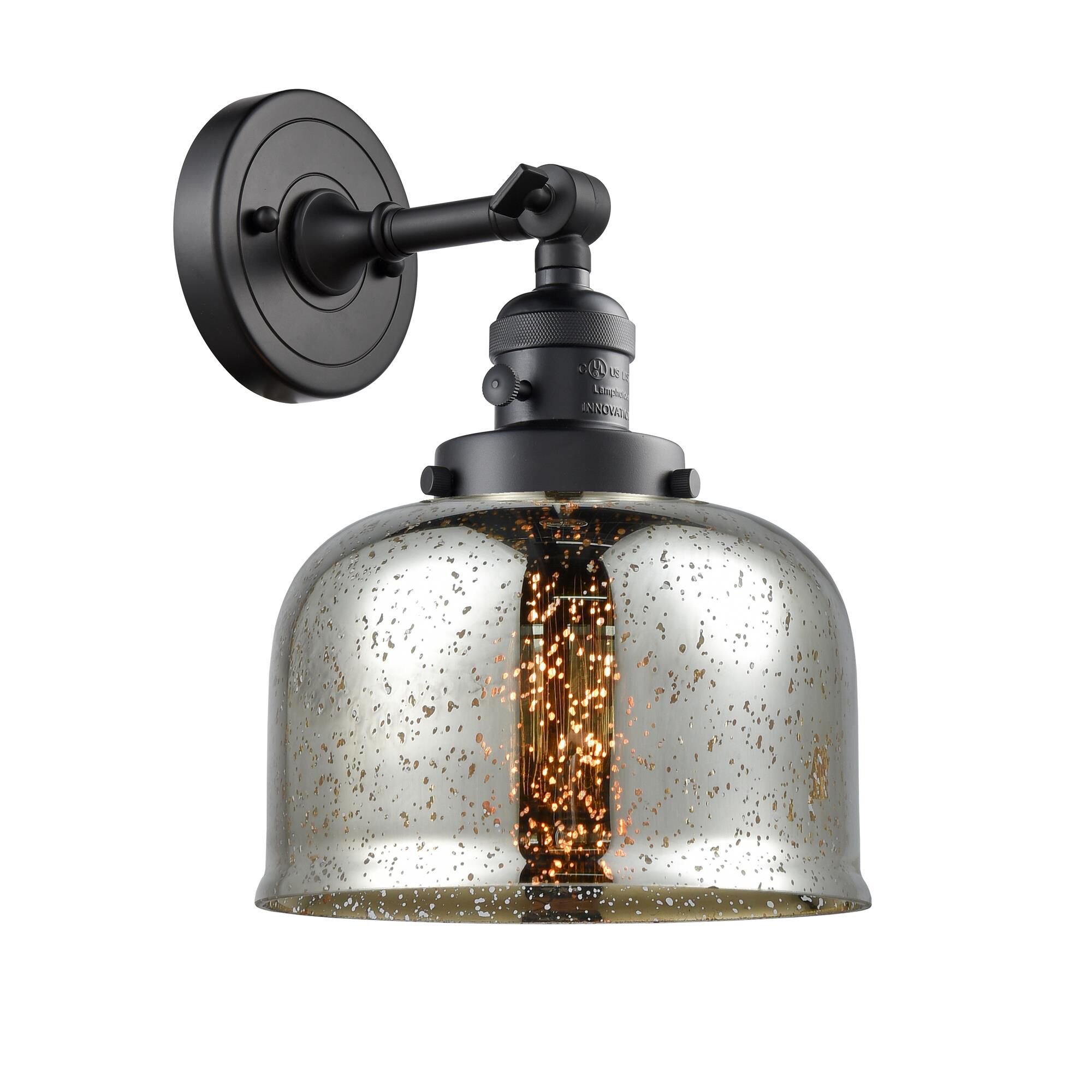 Shown in Matte Black finish and Silver Plated Mercury Large Bell glass and Switch on Socket accent