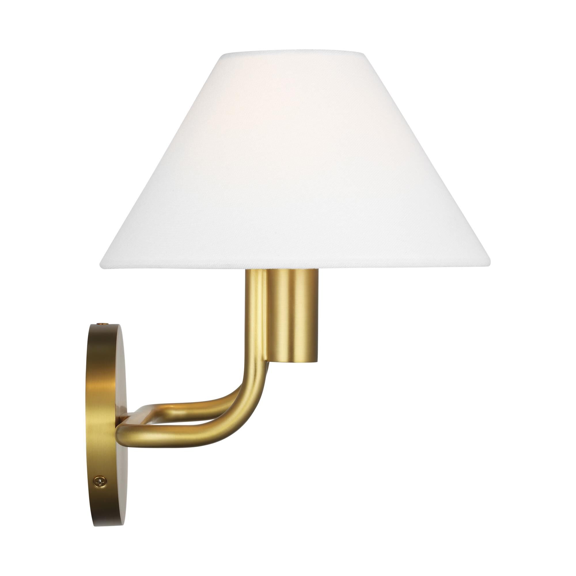 Shown in Burnished Brass finish and White Linen shade