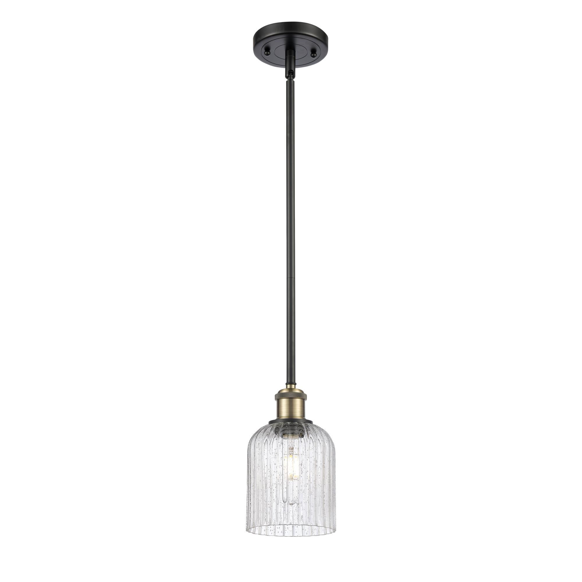 Shown in Black Antique Brass finish and Seedy shade