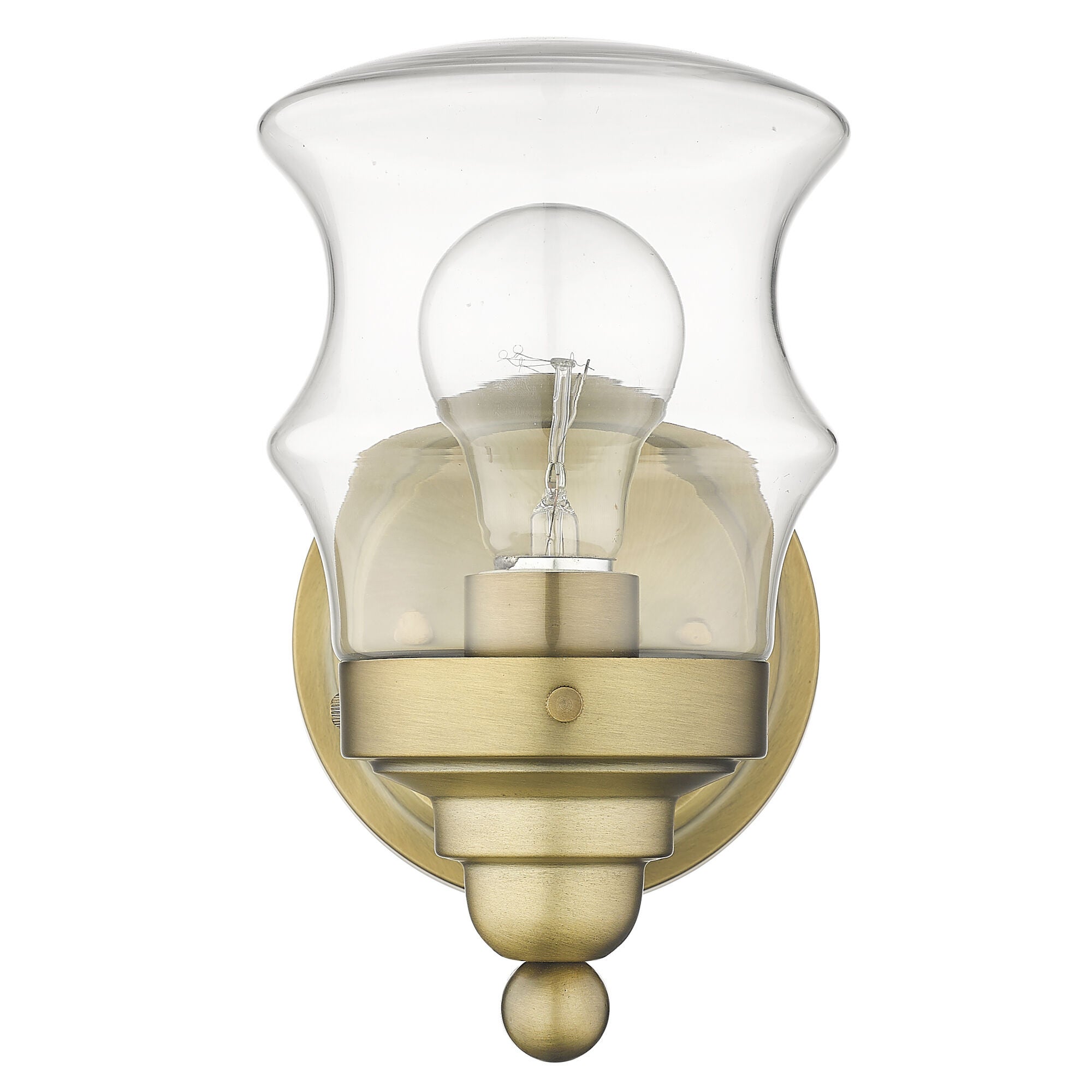 Shown in Antique Brass finish and Clear Glass shade