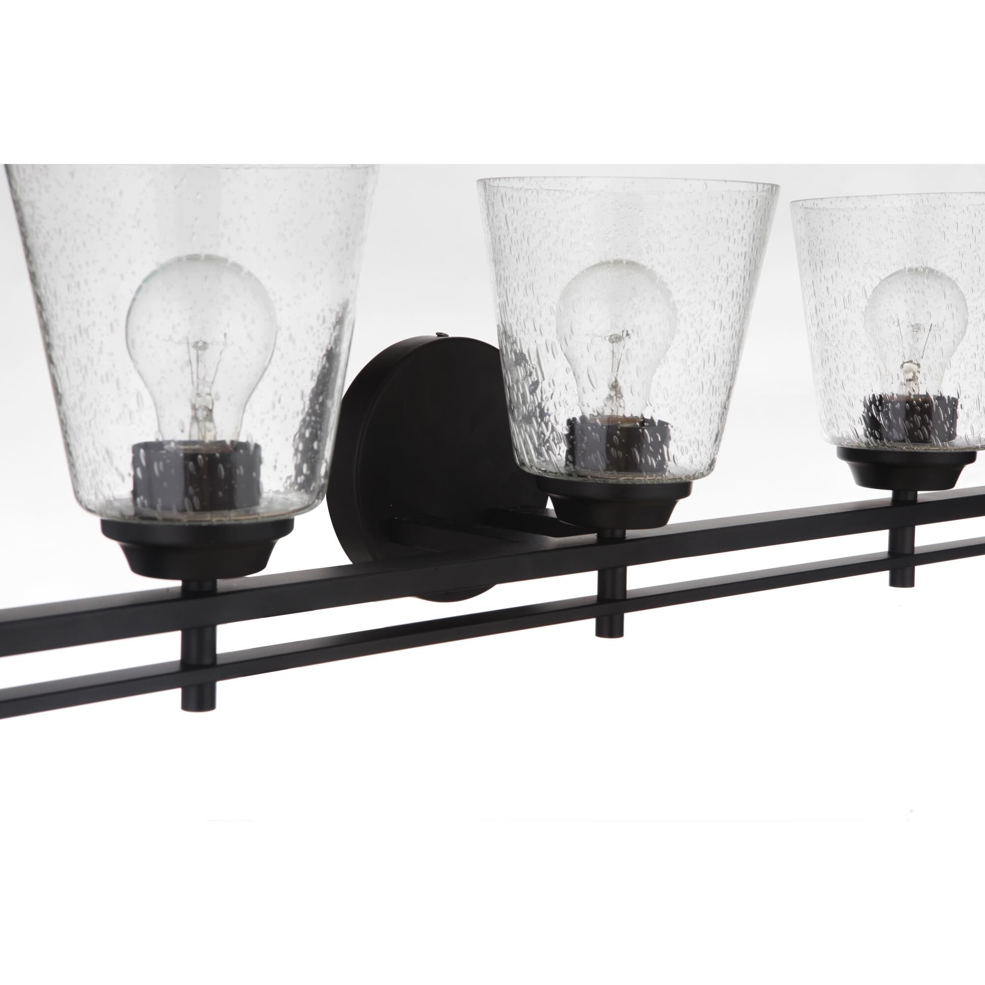 Shown in Flat Black finish and Clear Seeded glass and Glass shade