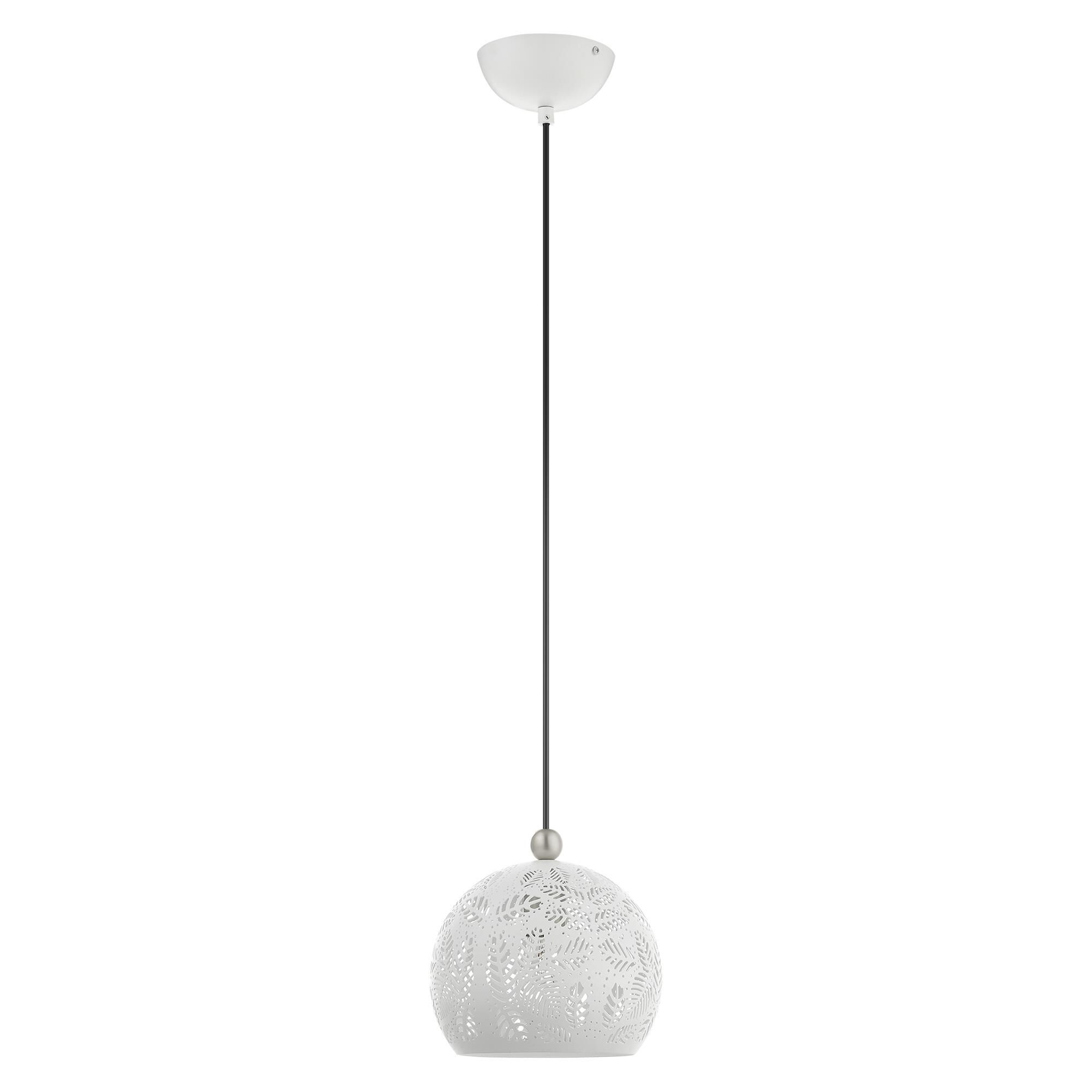 Shown in White With Brushed Nickel Accents finish and White Ornamental Metal Shade With White Finish Inside glass and White Ornamental Metal  With White Finish Inside shade