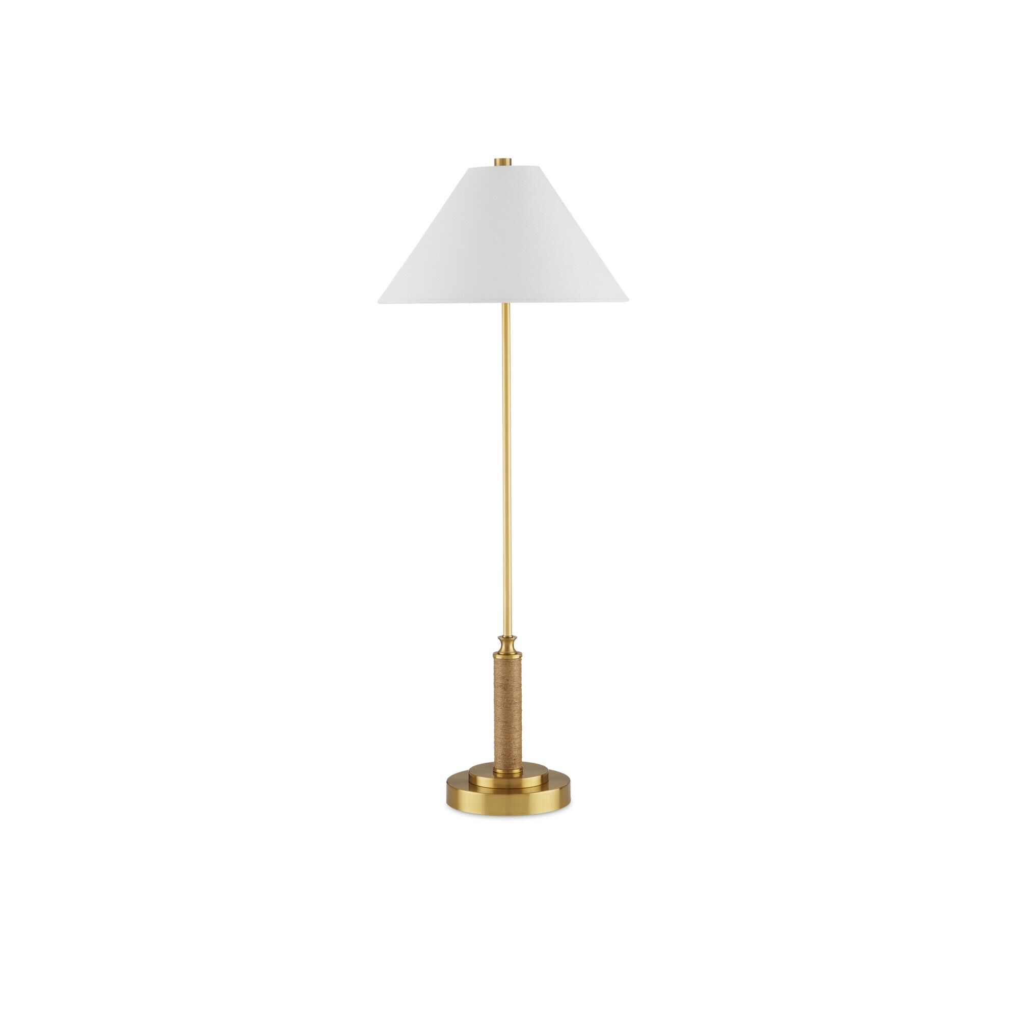 Shown in Antique Brass/Natural finish and Off-White Linen shade