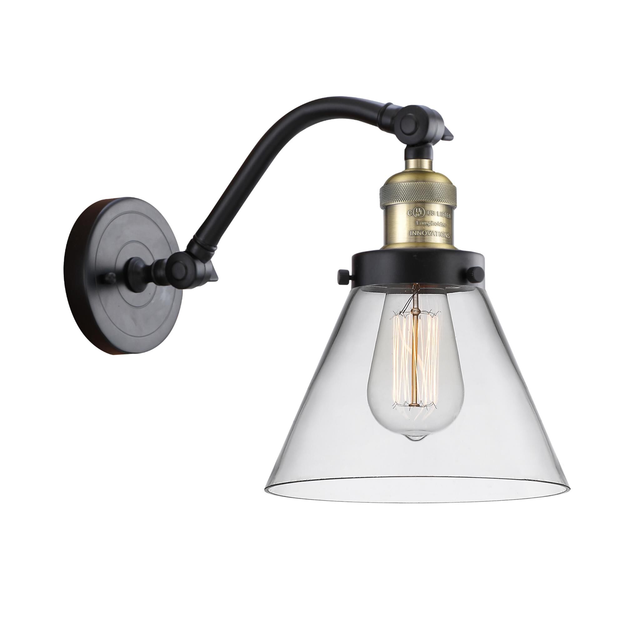 Shown in Black Antique Brass finish and Clear Large Cone glass