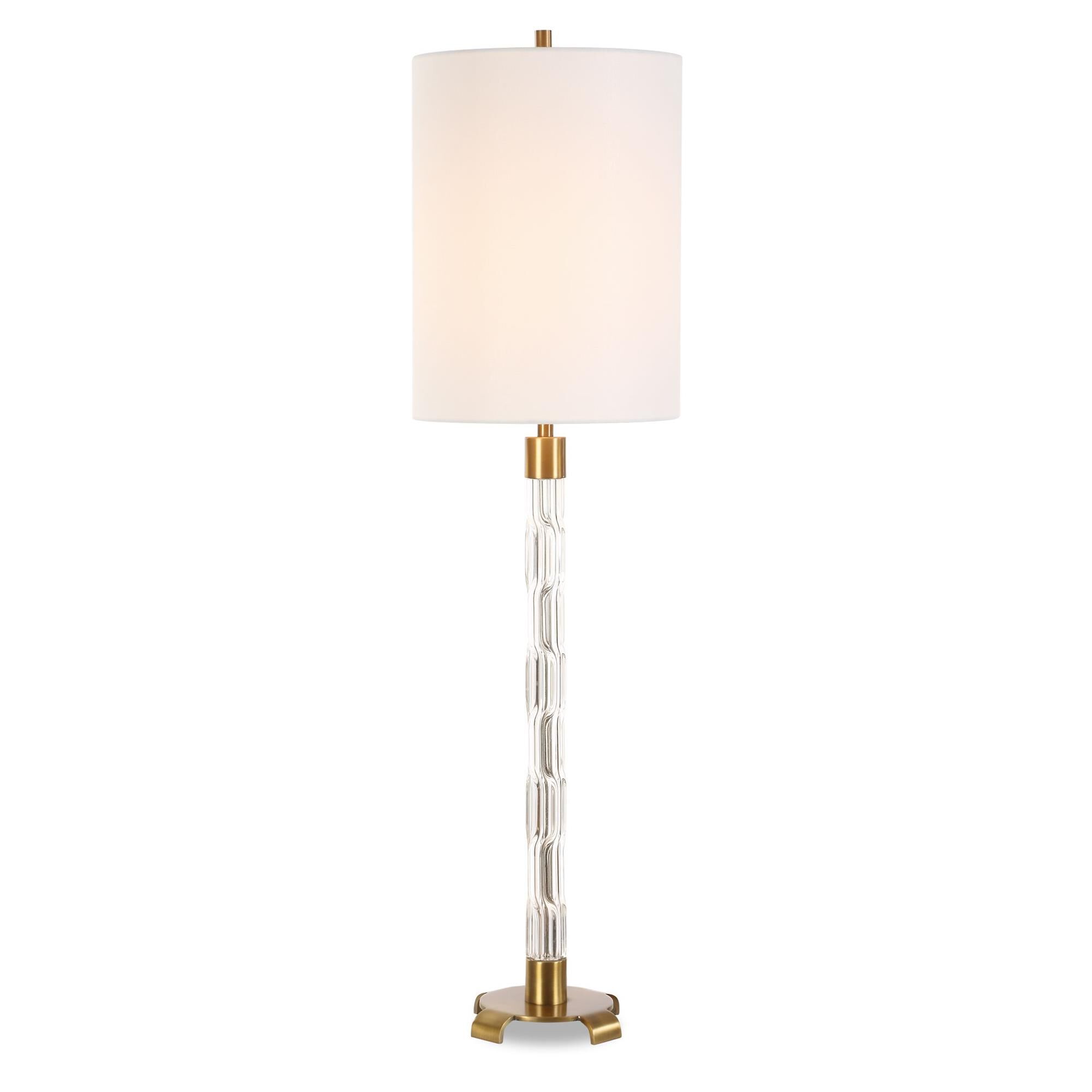 Shown in Brass finish and Round Drum Hardback shade