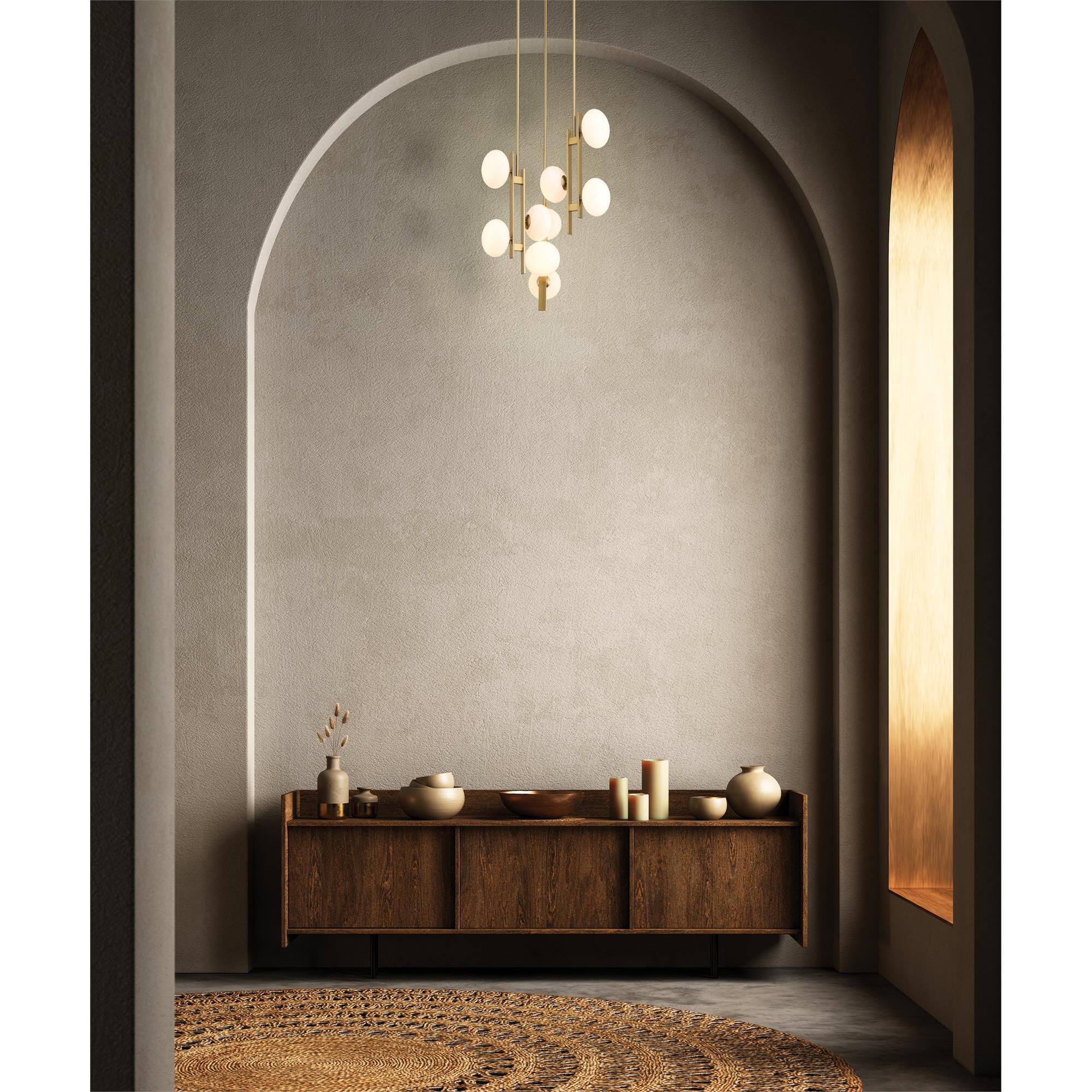 Shown in Brushed Gold finish and Opal glass