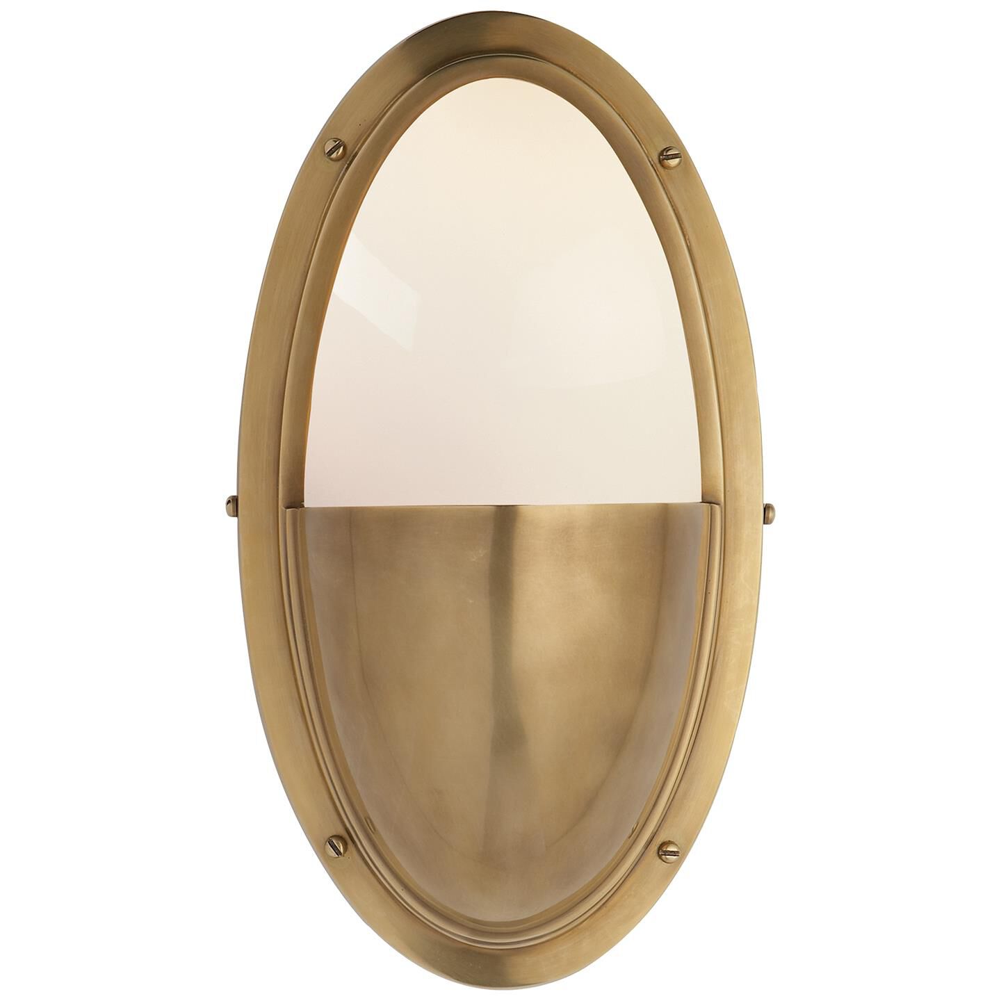 Shown in Hand-Rubbed Antique Brass finish and White glass