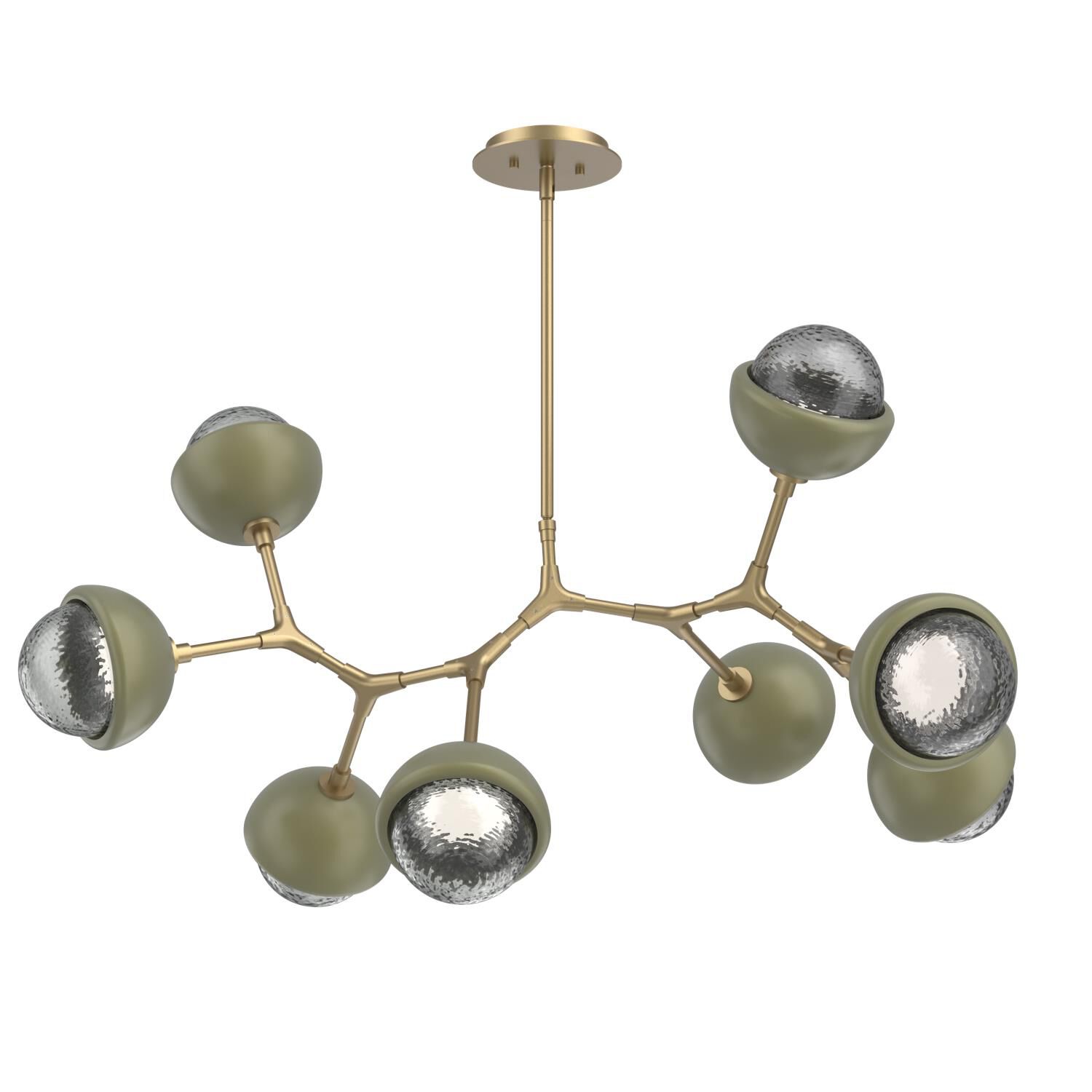 Shown in Gilded Brass finish and Smoke glass and Sage Green accent