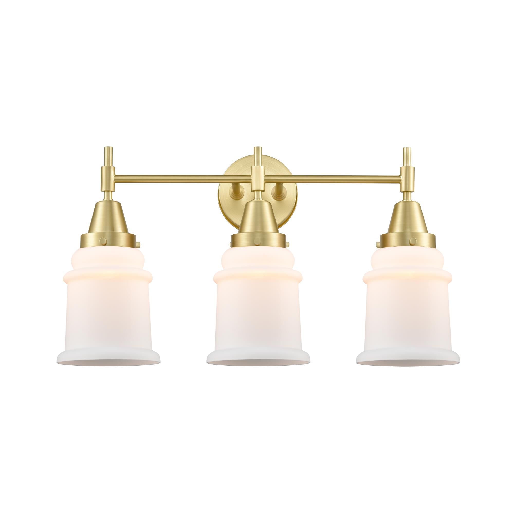 Shown in Satin Brass finish and Matte White Cased Large Cone glass