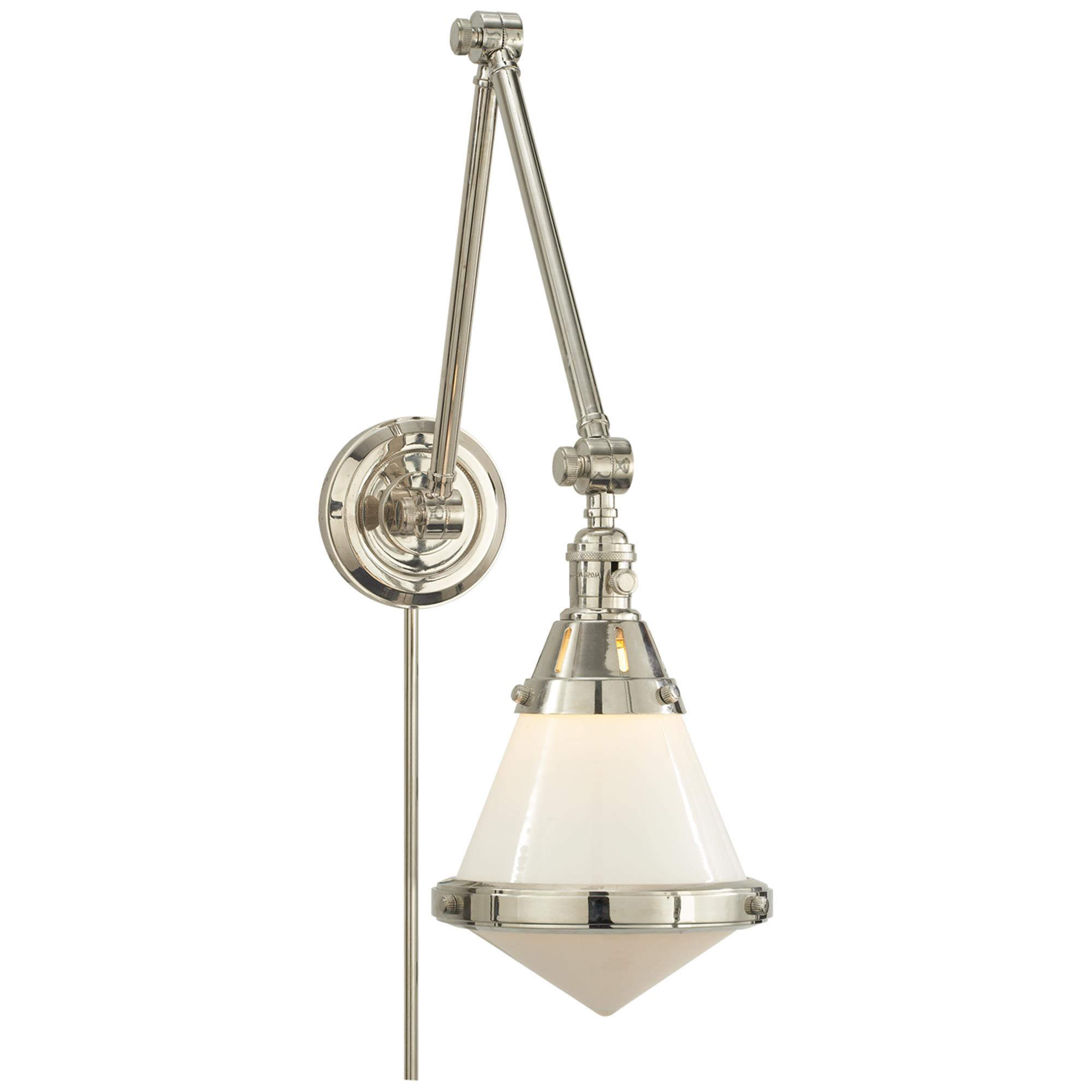 Shown in Polished Nickel finish and White glass