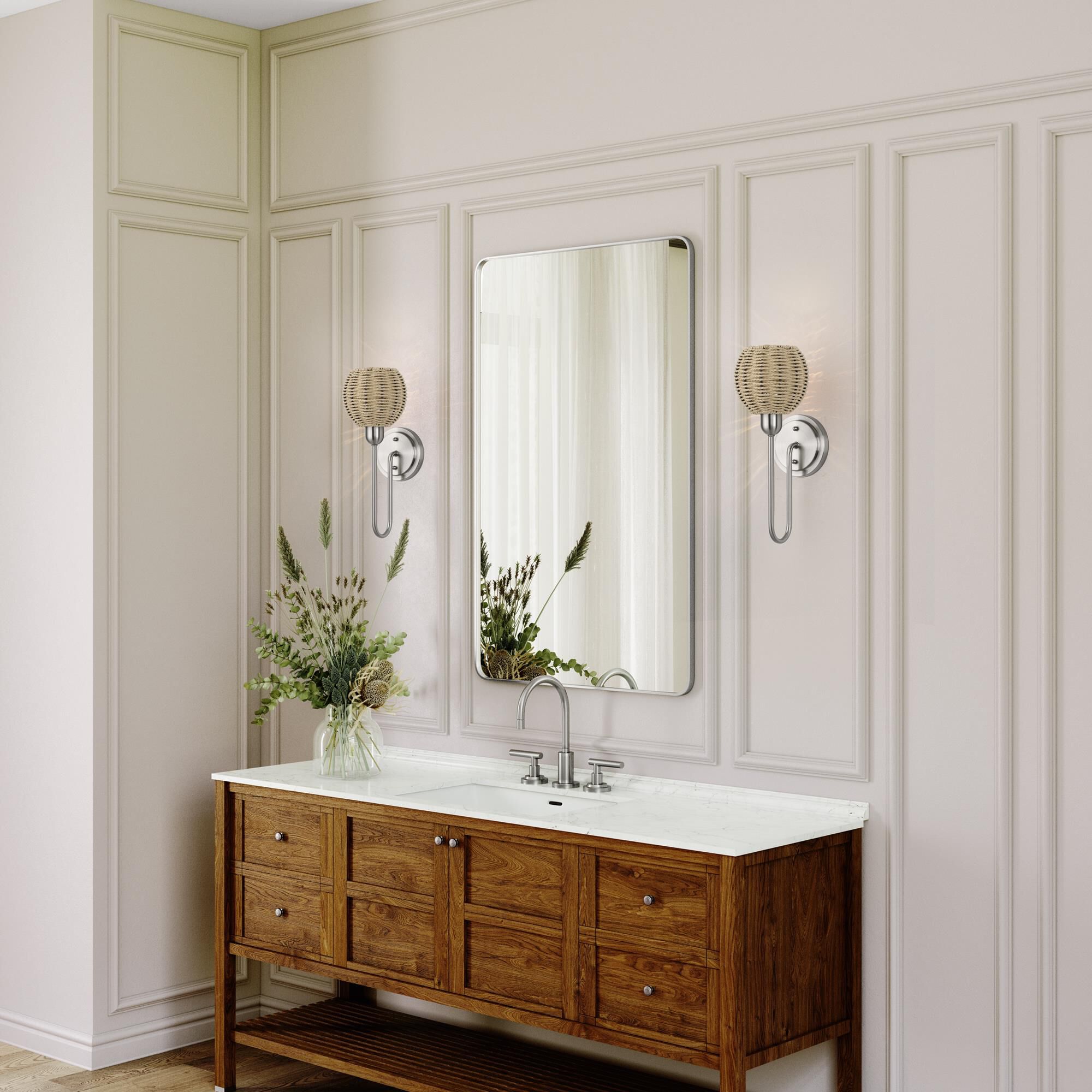 Shown in Brushed Nickel finish and Hand-Woven French Beige Paper Rope shade