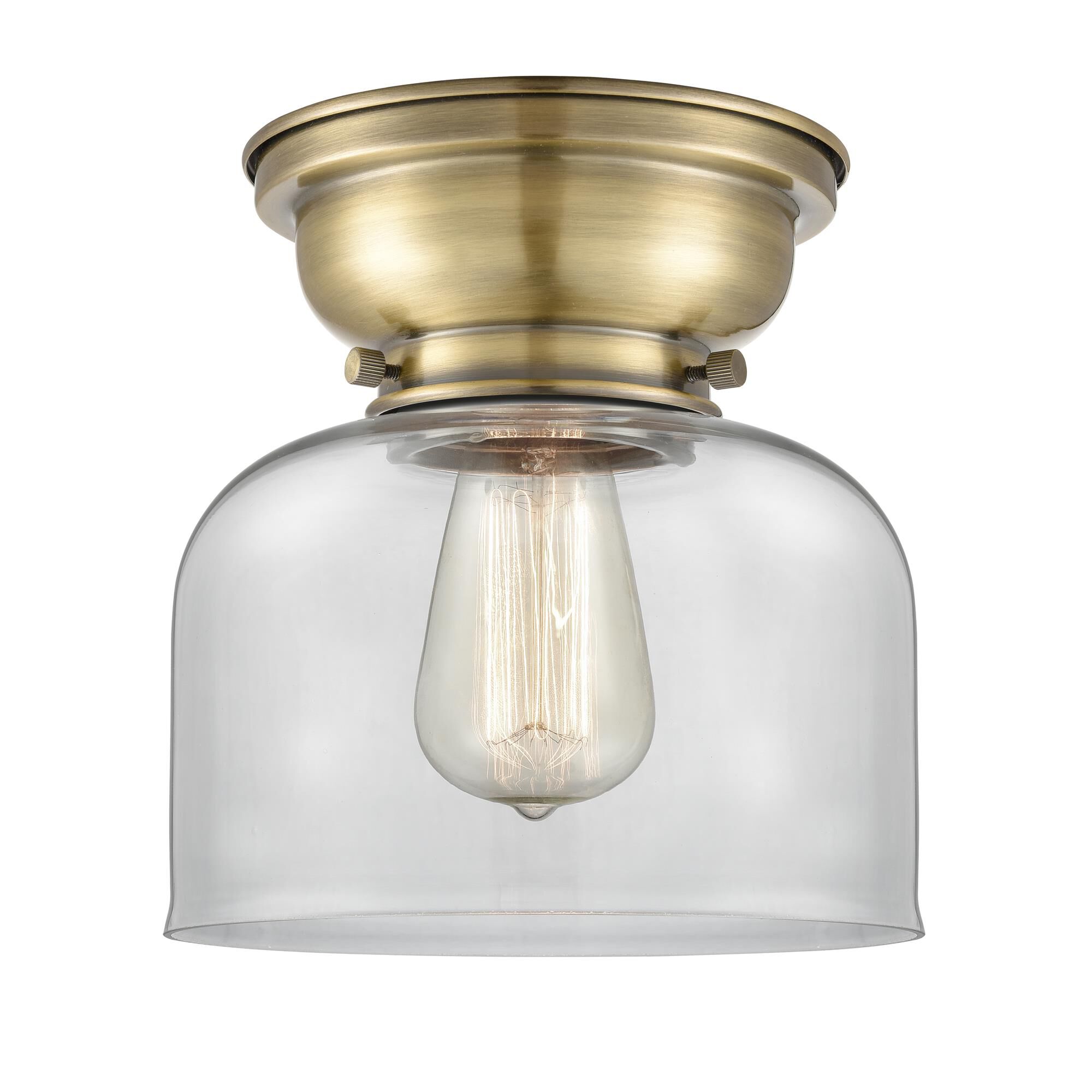 Shown in Antique Brass finish and Bell glass and Glass shade