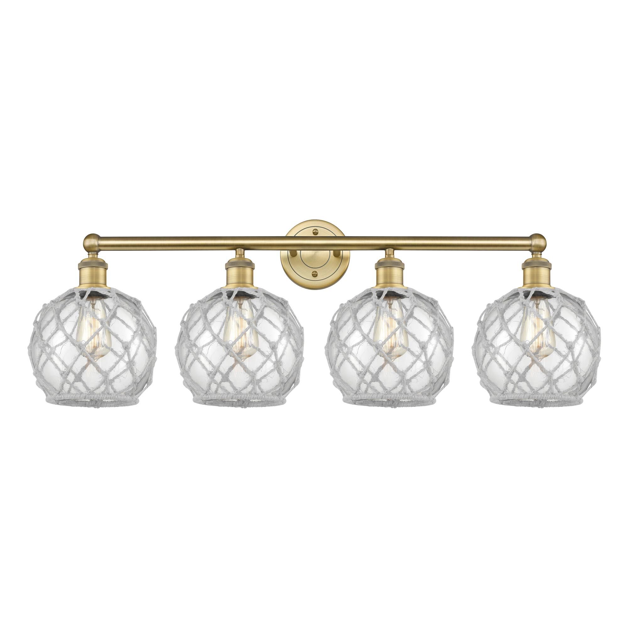 Shown in Brushed Brass finish and Clear with White Rope glass