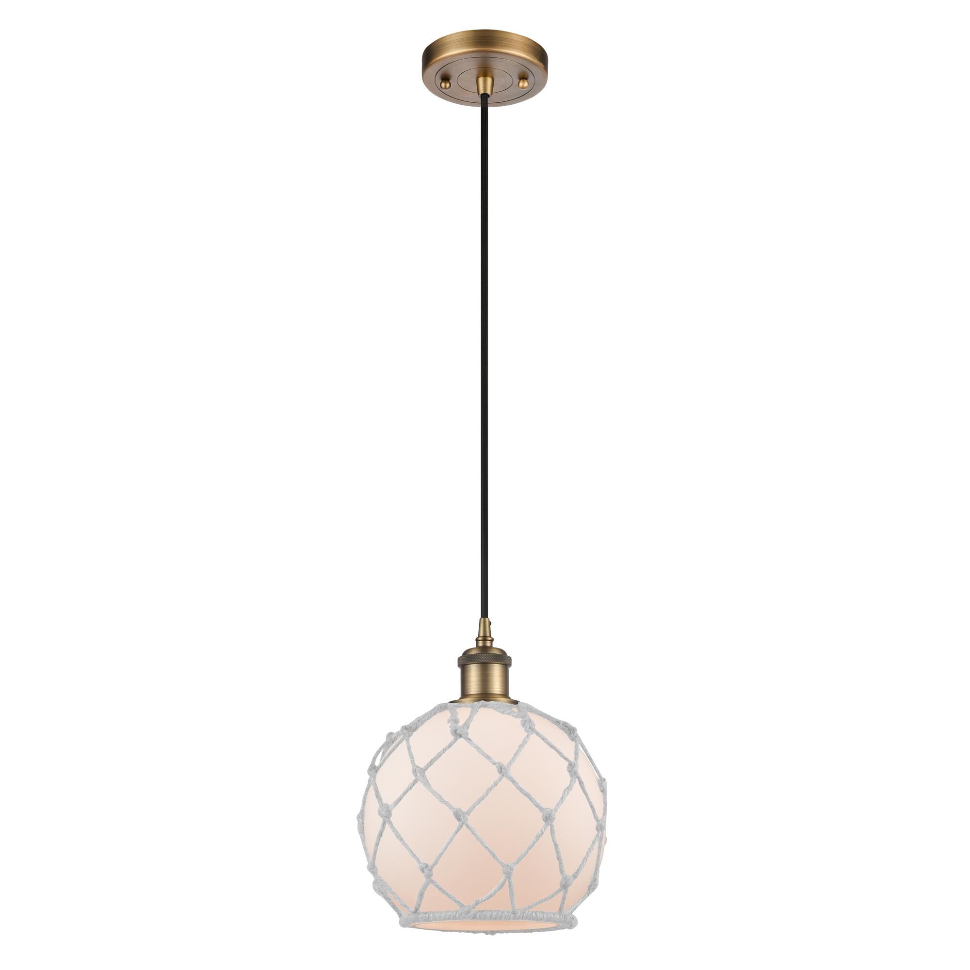 Shown in Brushed Brass finish and White Farmhousewith White Rope glass