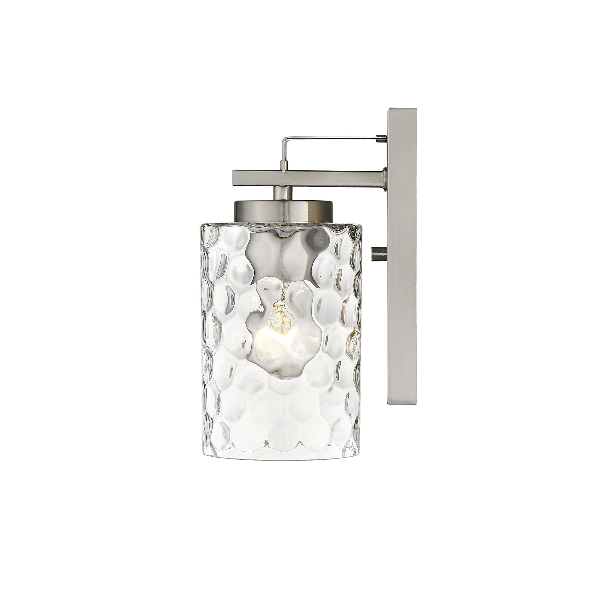 Shown in Satin Nickel finish and Clear glass and Clear, Optic Cylindrical Glass shade