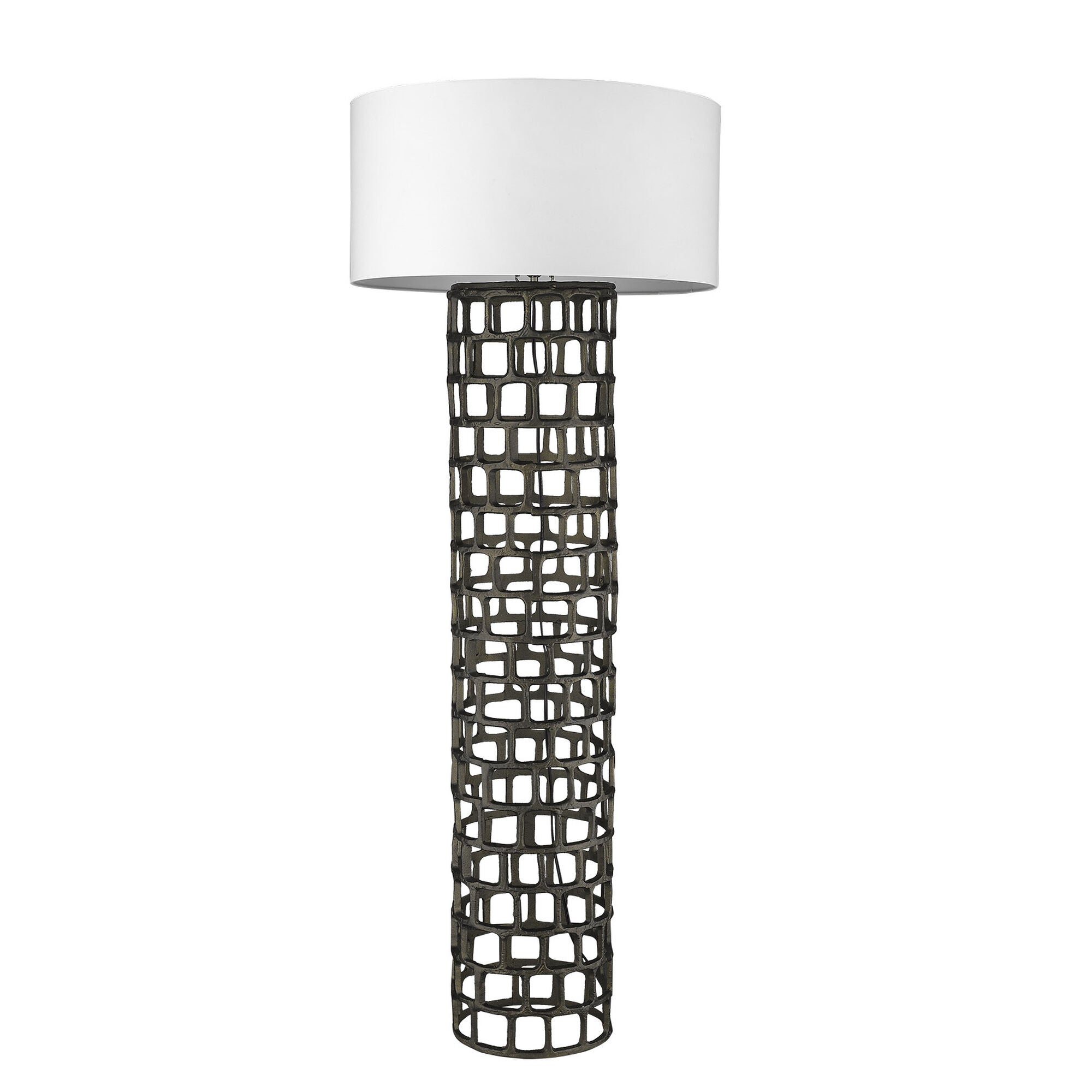 Shown in Black Gold finish and White glass and White Fabric Drum shade