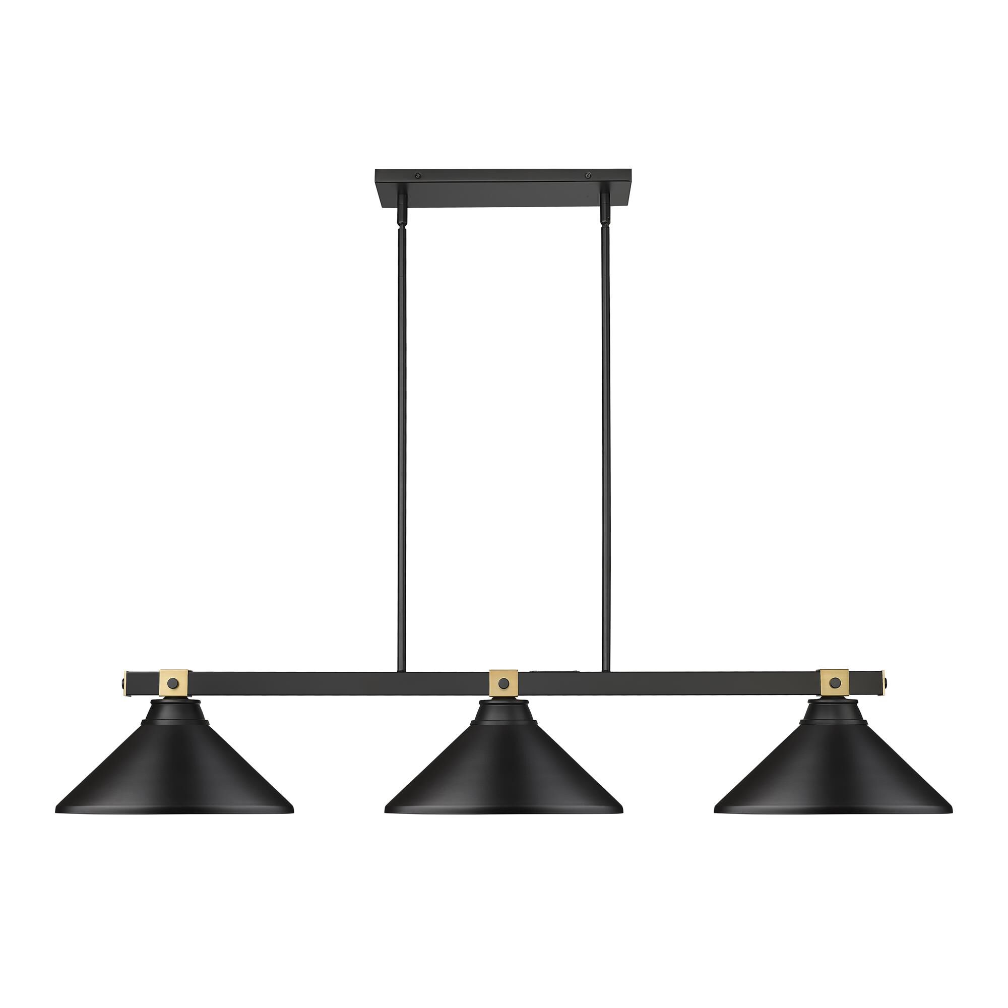 Shown in Matte Black + Rubbed Brass finish and Matte Black glass and Matte Black shade