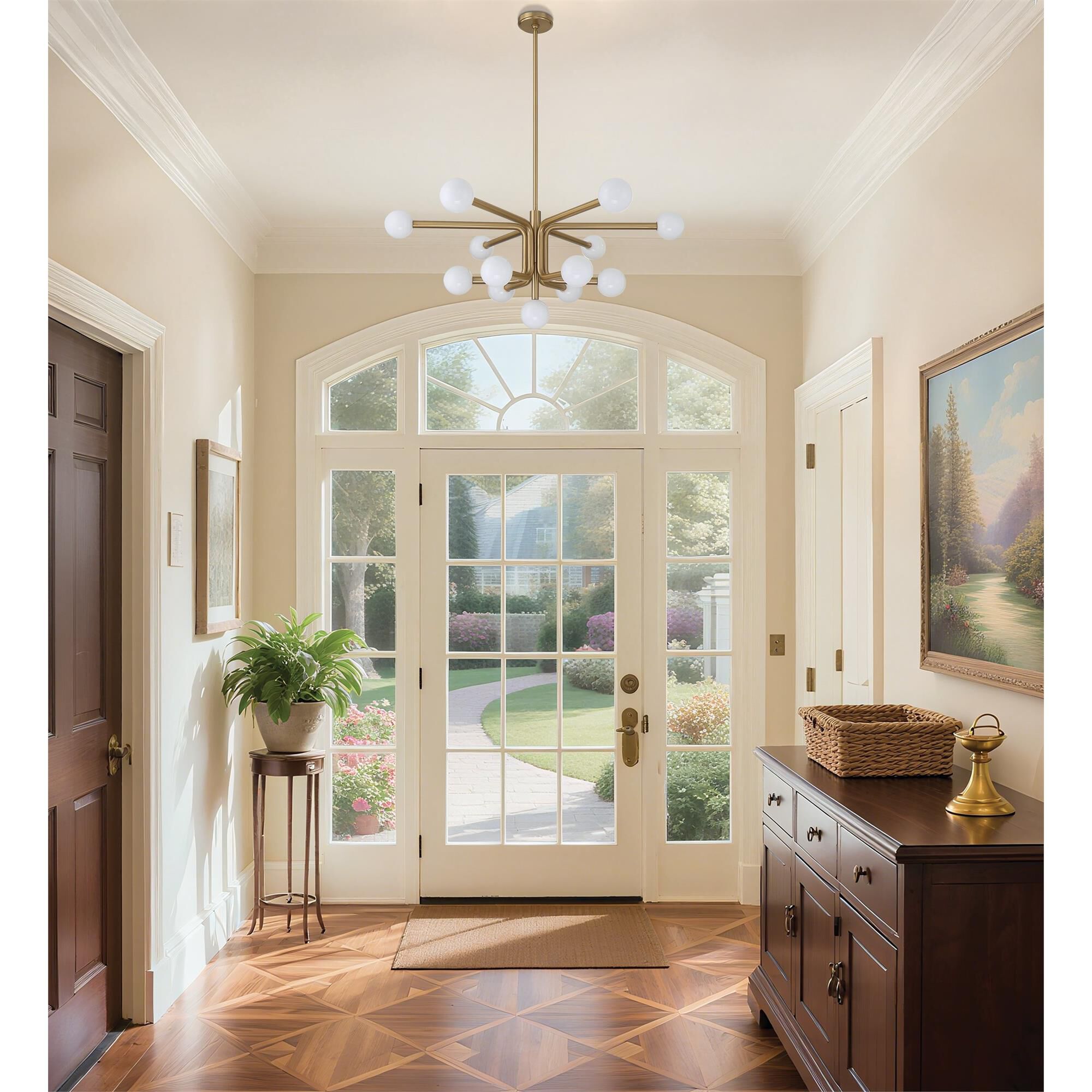 Shown in Champagne Gold finish and Opal glass