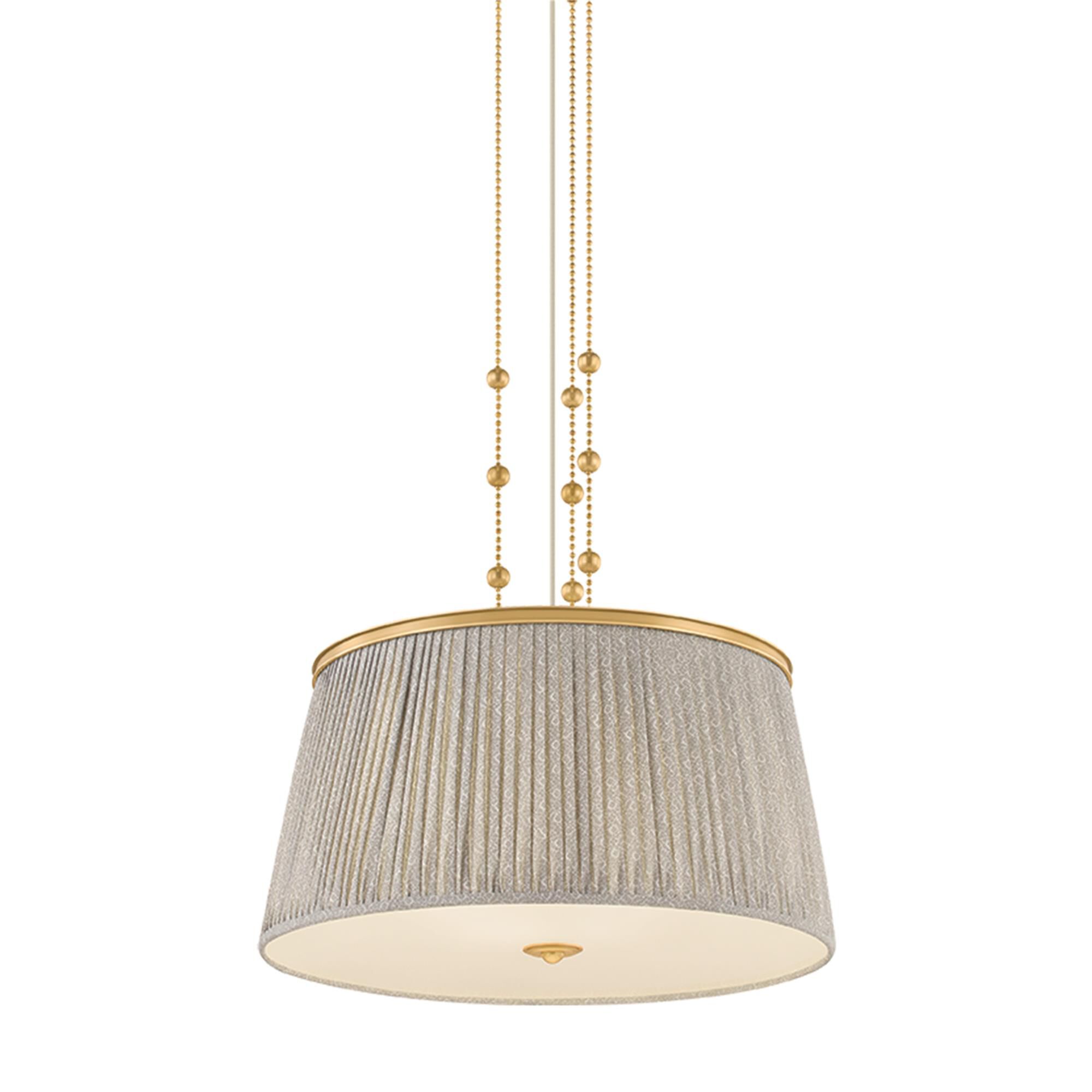 Shown in Aged Brass finish and Gathered Printed Cotton shade