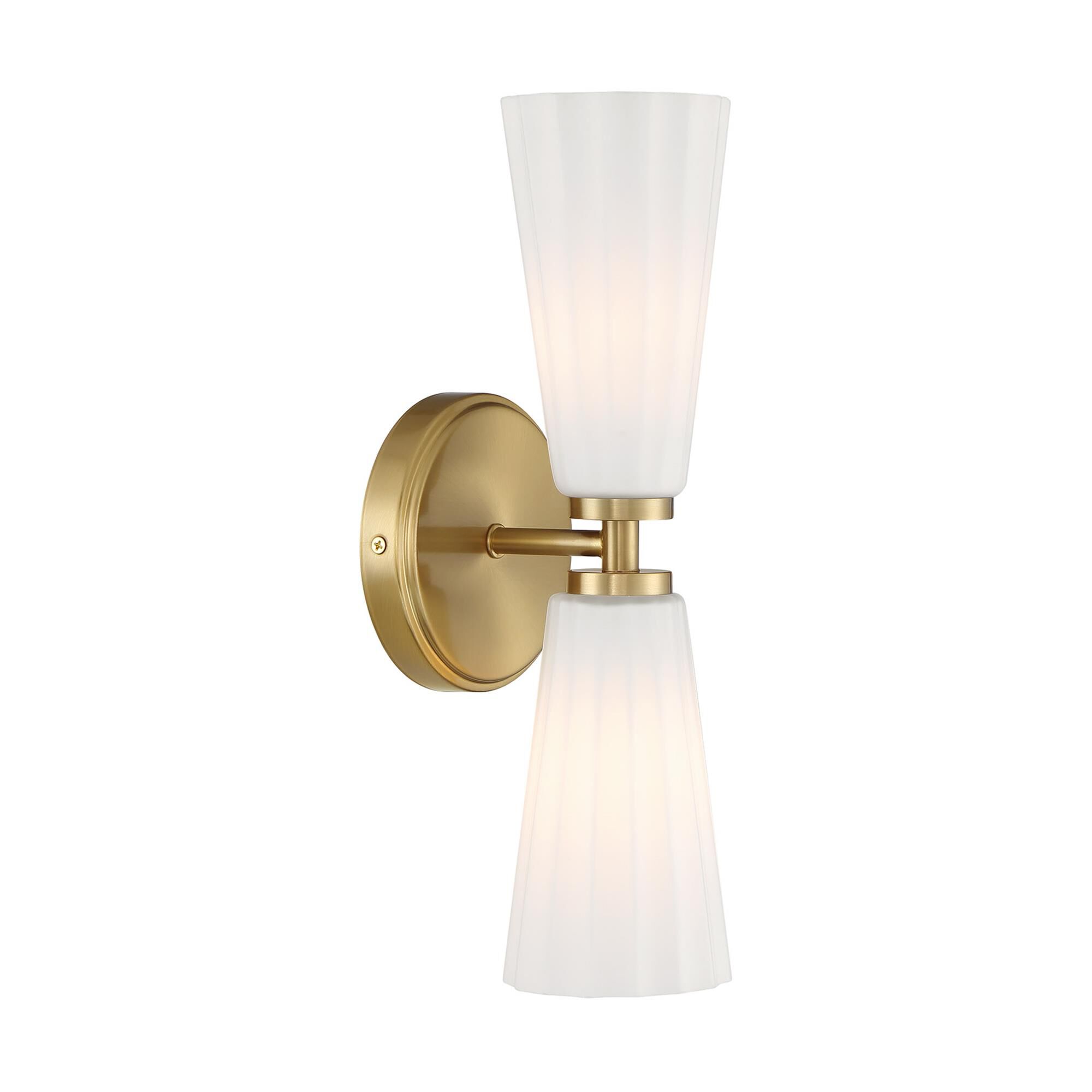 Shown in Natural Brass finish and White Fluted glass and Glass shade