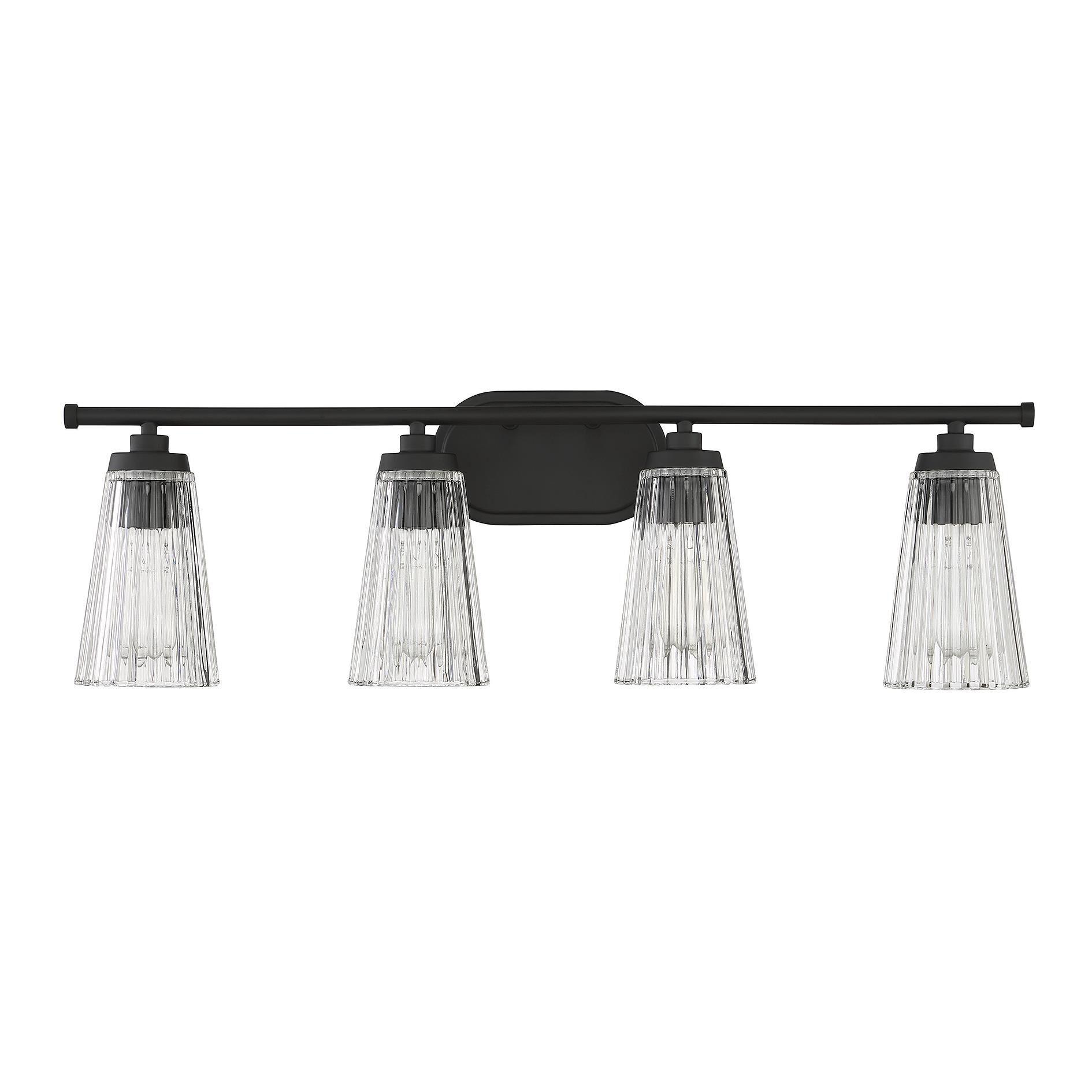 Shown in Matte Black finish and Clear Ribbed glass and Glass shade