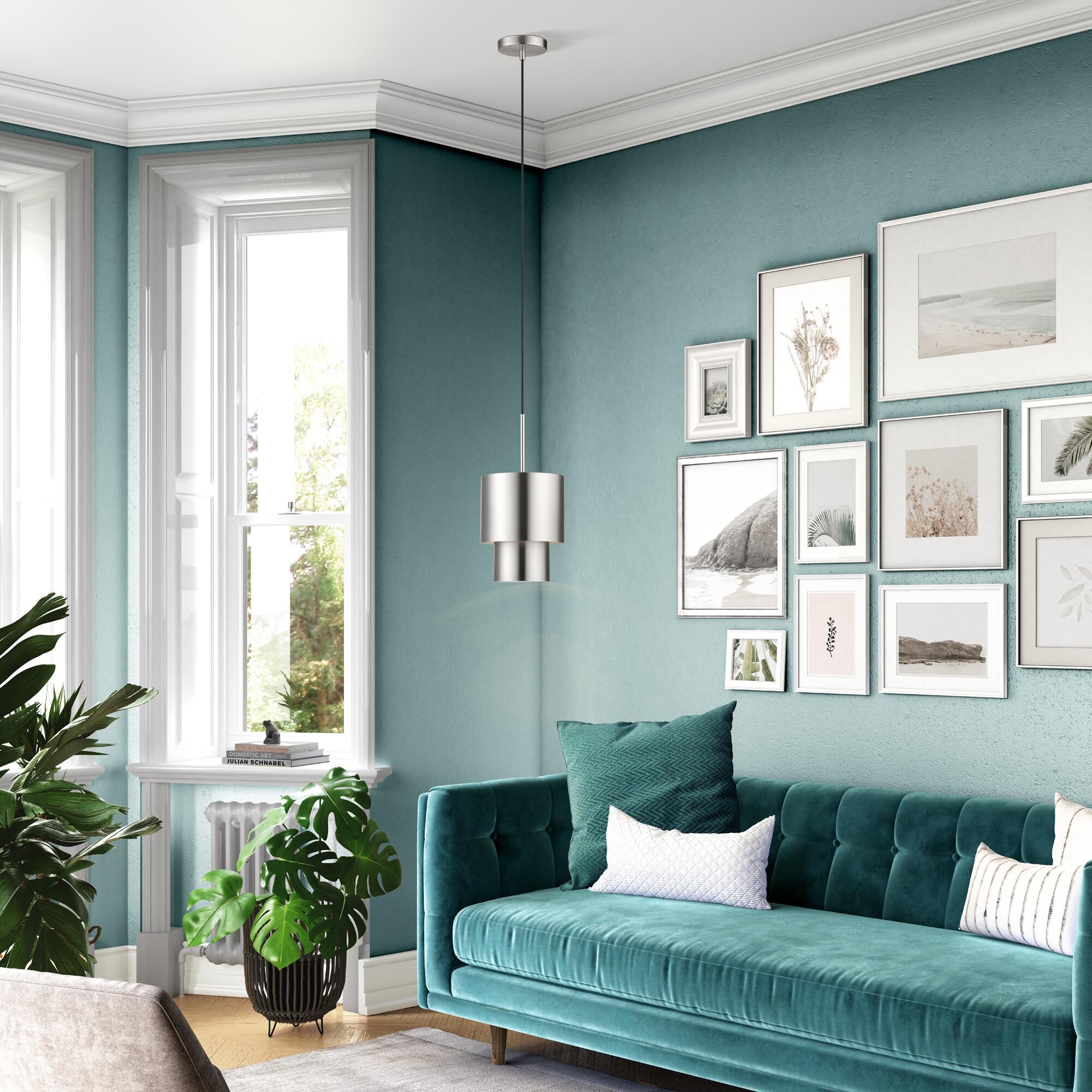 Shown in Brushed Nickel finish and Brushed Nickel Steel with Shiny White Inside shade