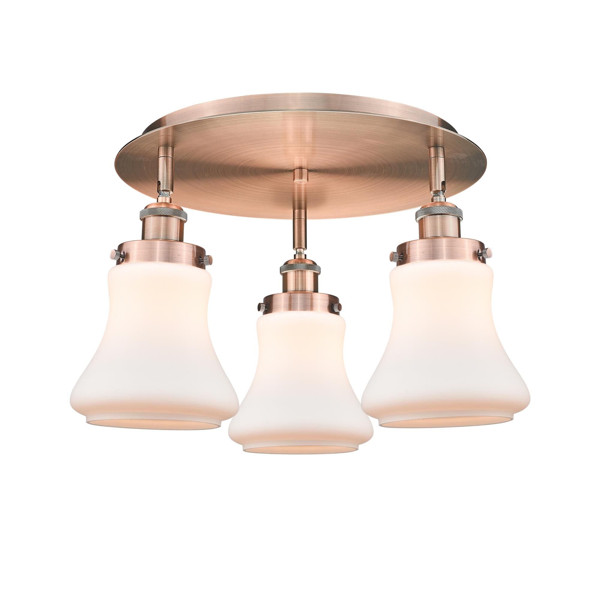 Shown in Antique Copper finish and Matte White glass