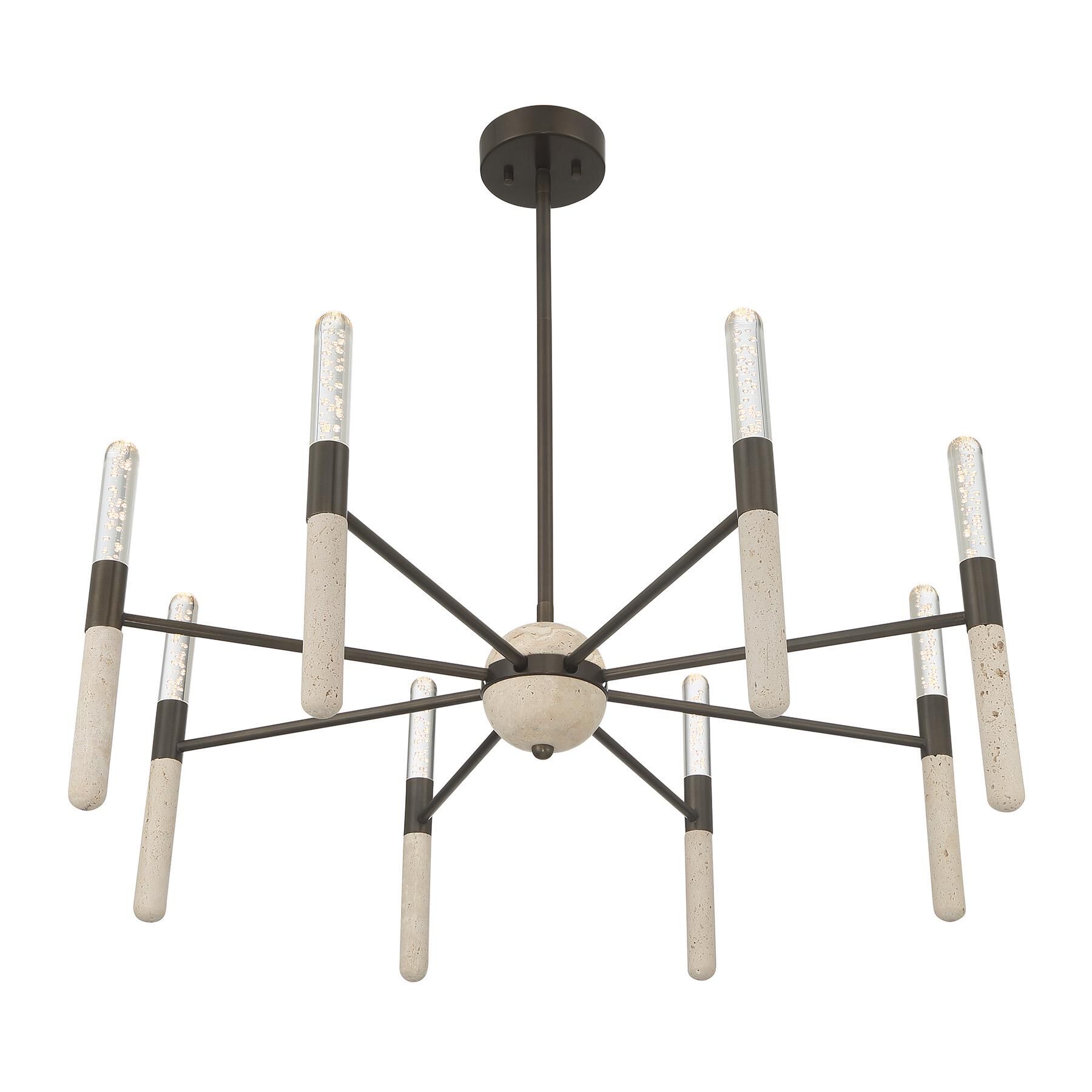 Shown in Mediterranean Bronze finish and Clear Seeded glass and Beige Travertine accent