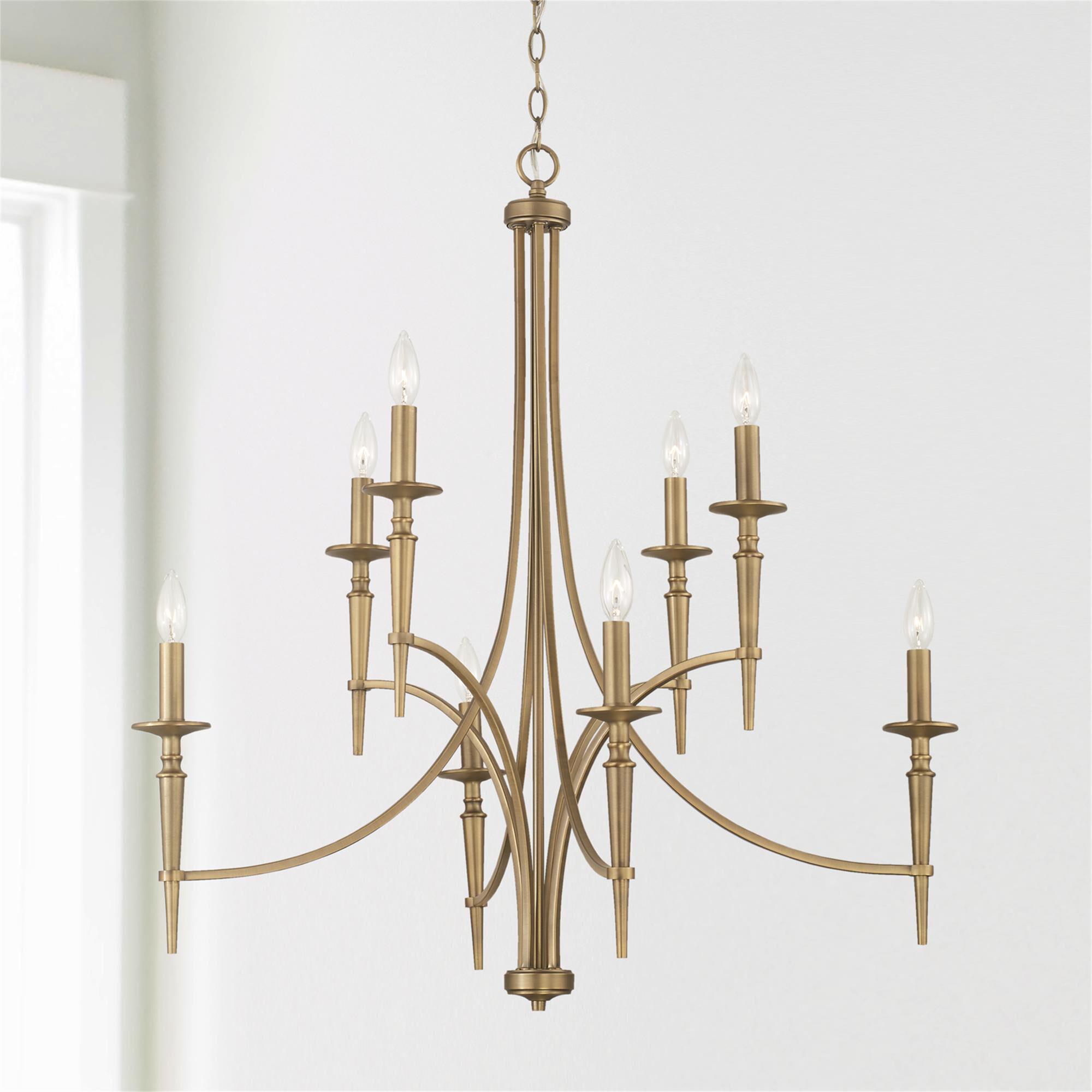 Shown in Aged Brass finish and 701 glass and White Fabric Stay-Straight s shade