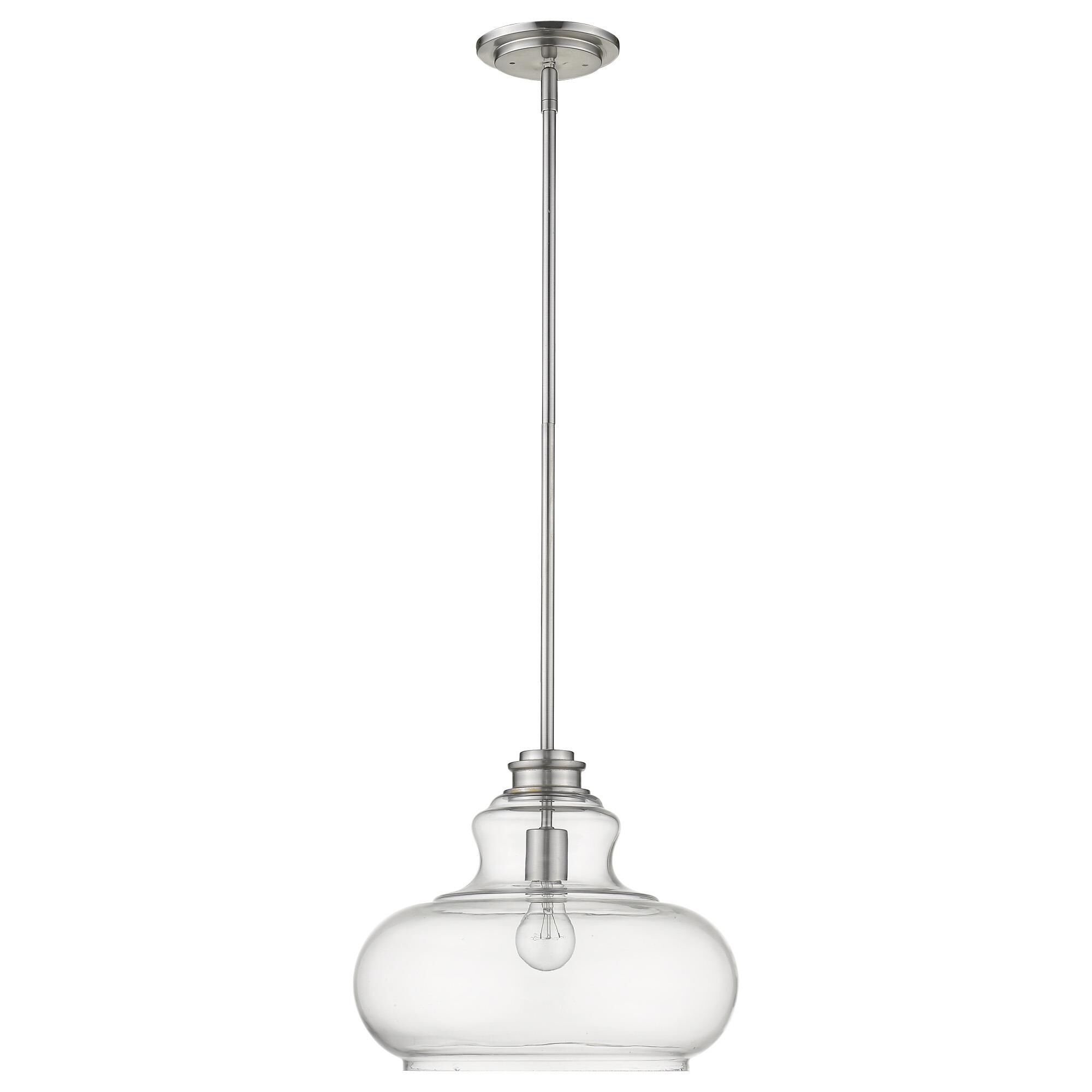 Shown in Satin Nickel finish and Clear glass and Clear, Urn Shaped Glass Globe shade
