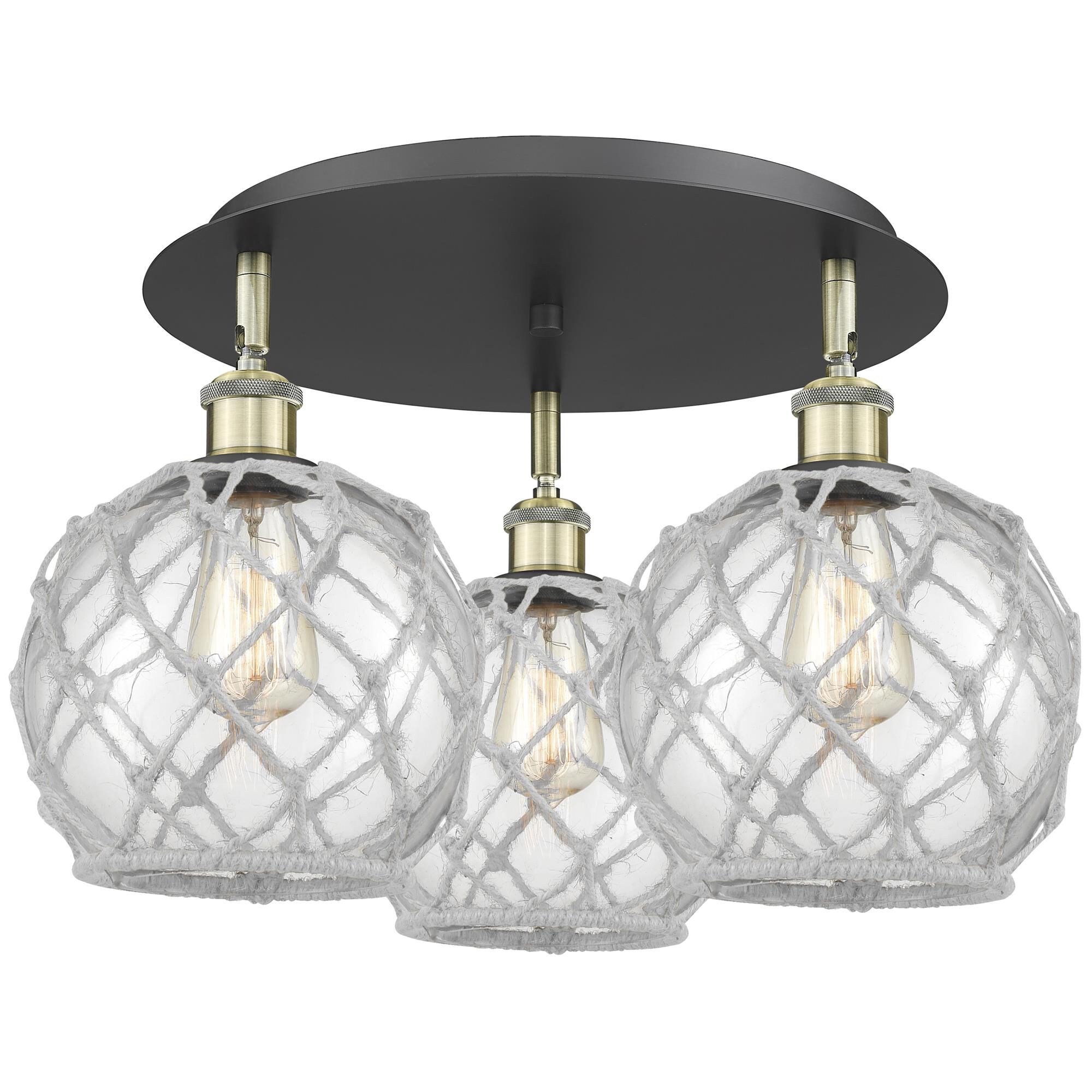 Shown in Black Antique Brass finish and Clear with White Rope glass