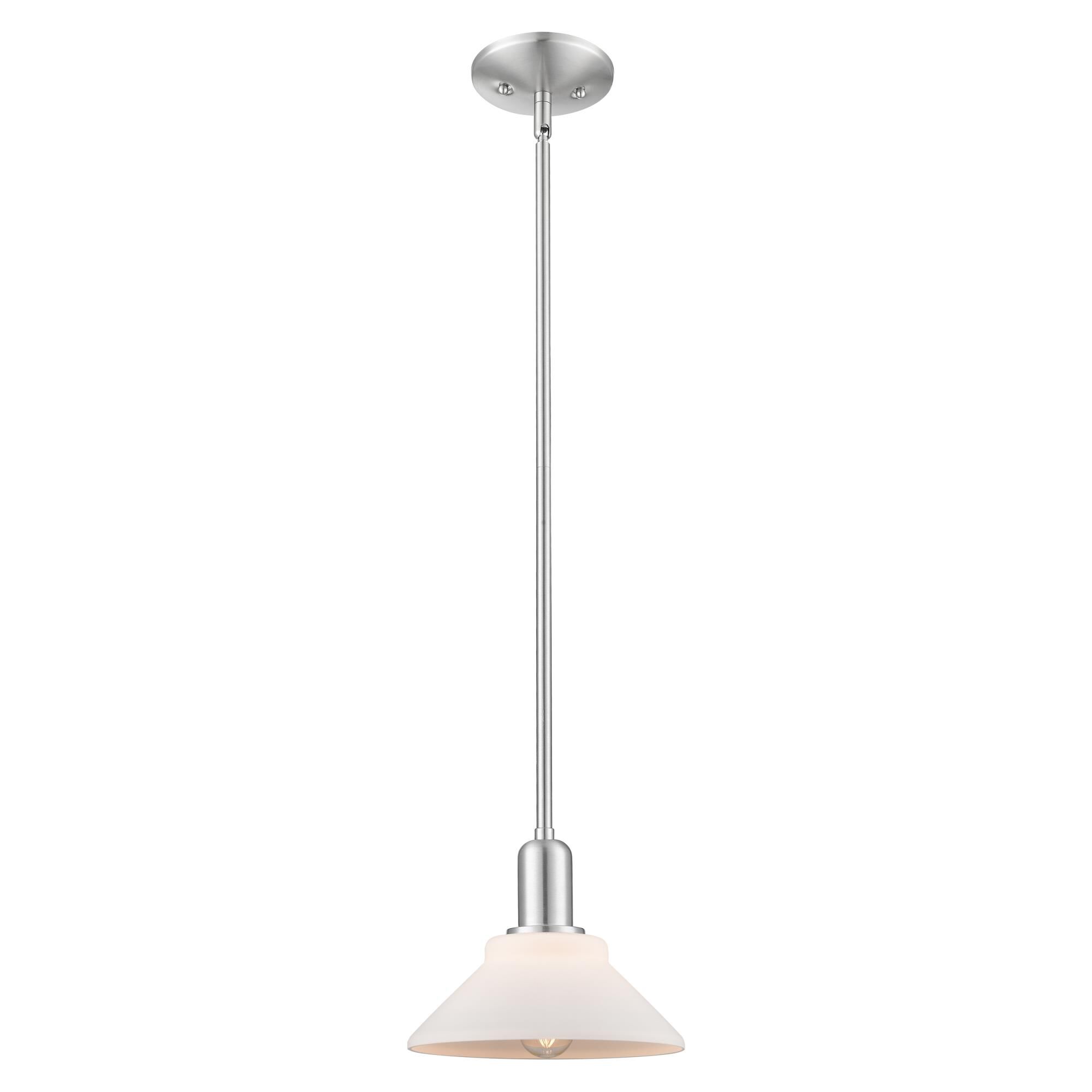 Shown in Brushed Satin Nickel finish and Matte White glass