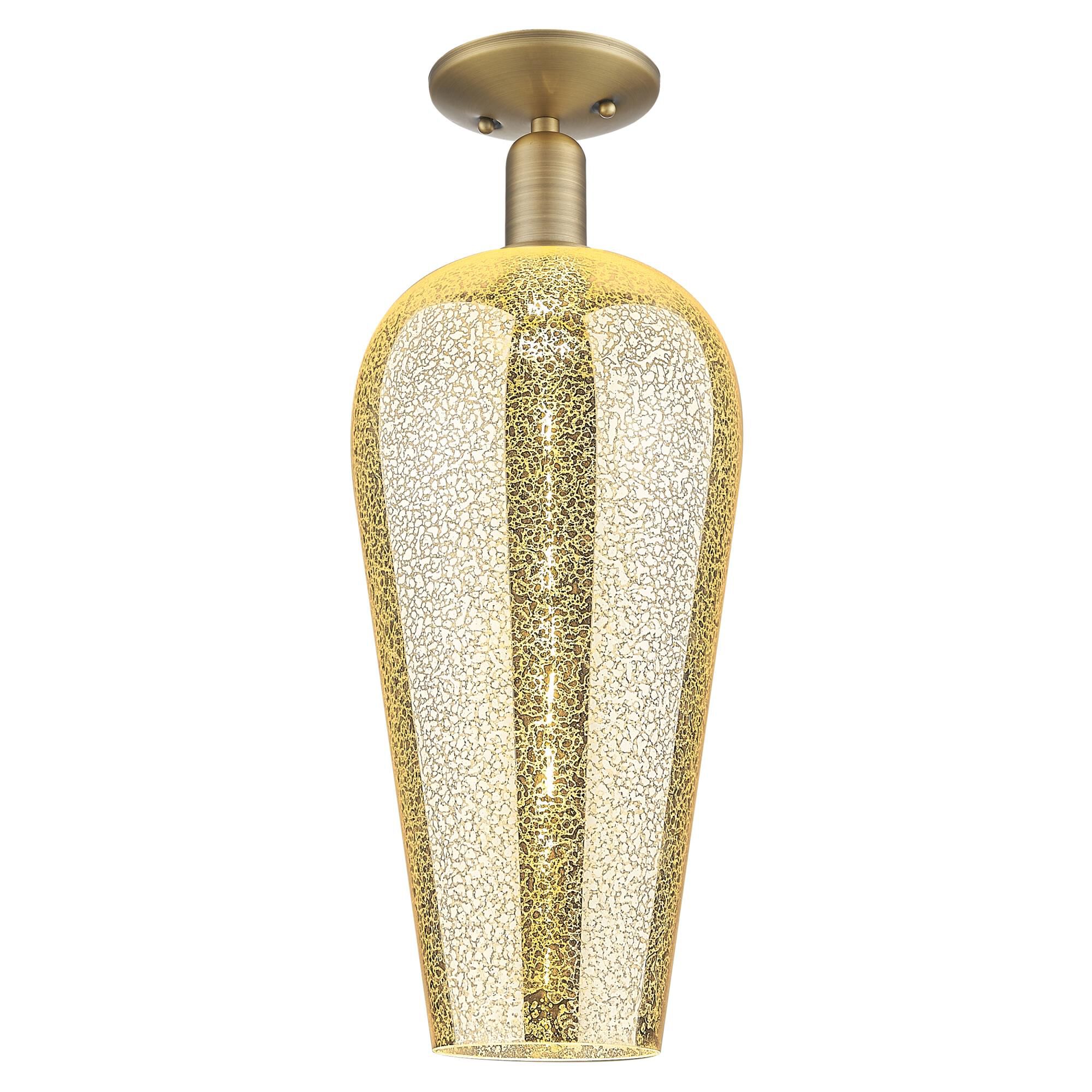 Shown in Brushed Brass finish and Mercury Deco Swirl glass