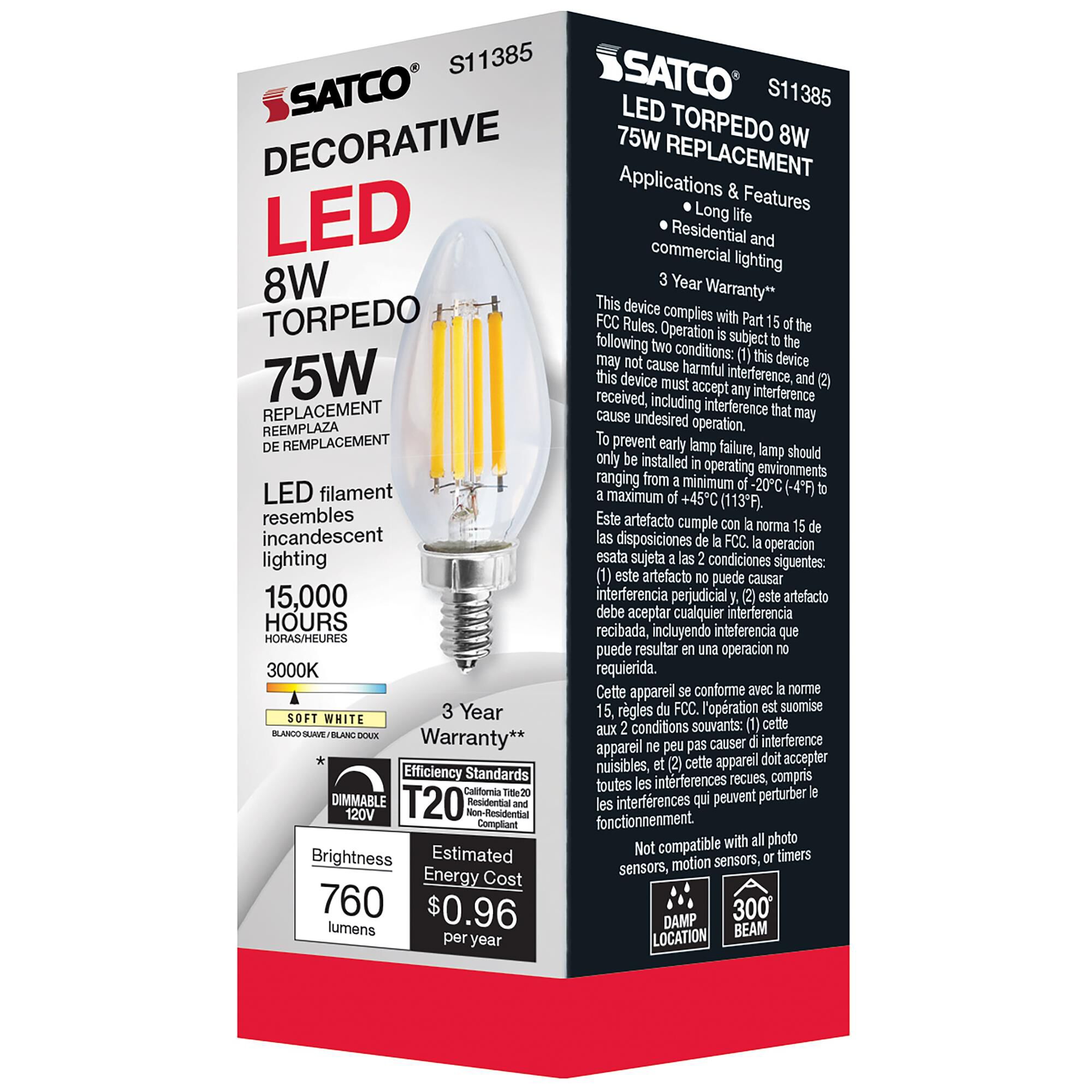 Dimmable 8 Watt 3000K C11 LED Light Bulb by Satco