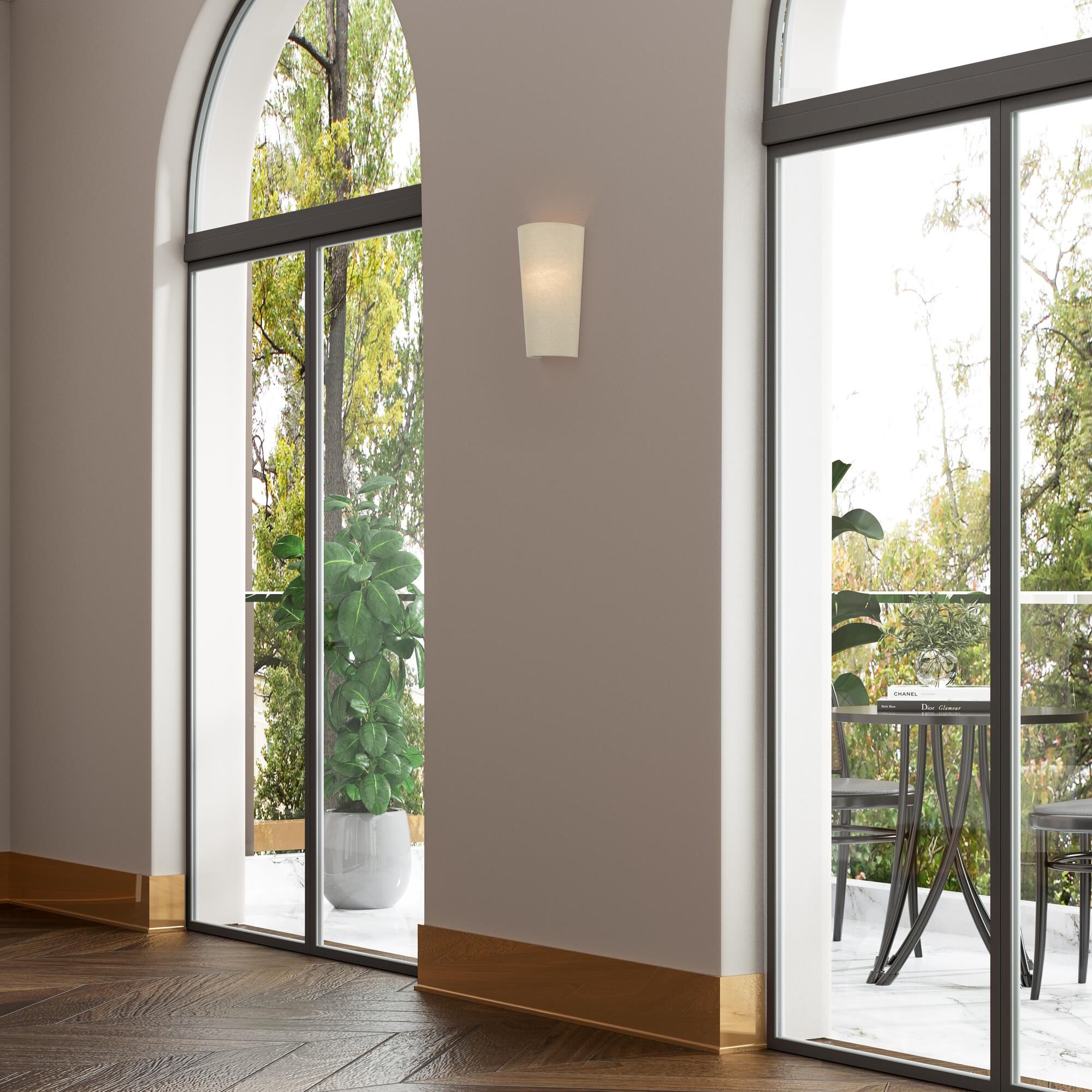 Shown in Antique Gold Leaf finish and Hand Crafted Parchment Color Hardback Fabric shade