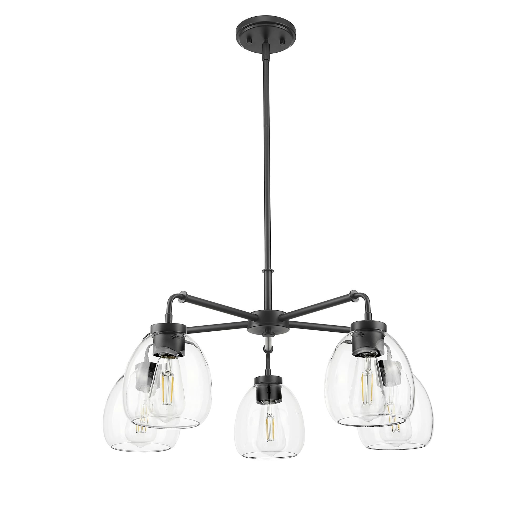 Shown in Matte Black finish and Clear Glass Globes shade