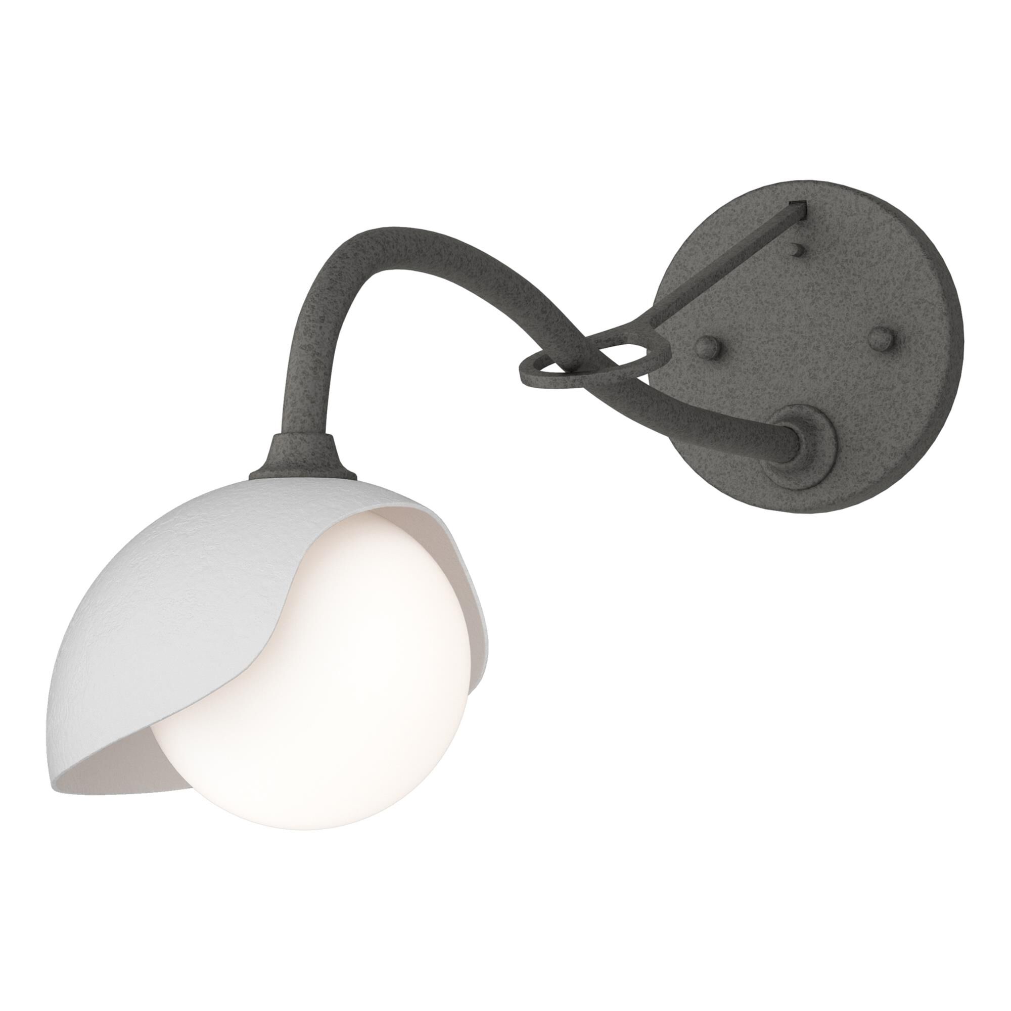 Shown in Natural Iron finish and Opal glass and White accent