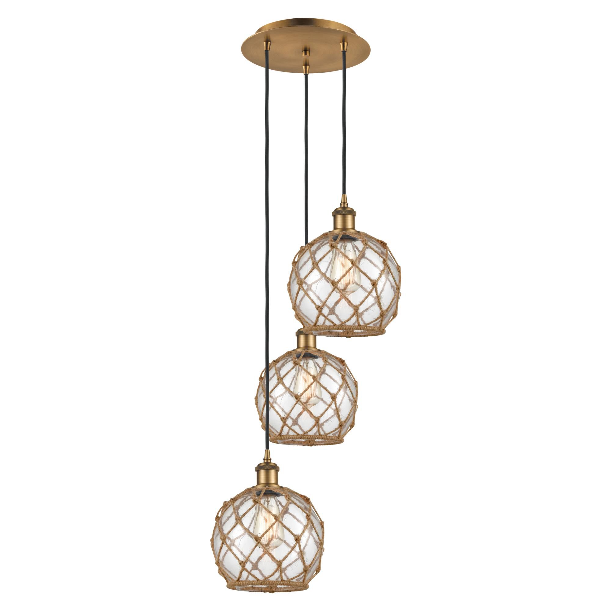 Shown in Brushed Brass finish and Clear with Brown Rope glass