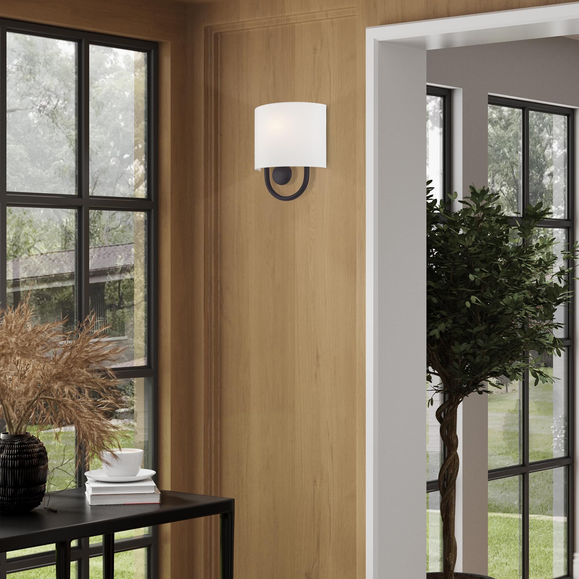 Shown in Bronze finish and Hand Crafted Off-White Fabric Hardback with White Fabric Inside shade