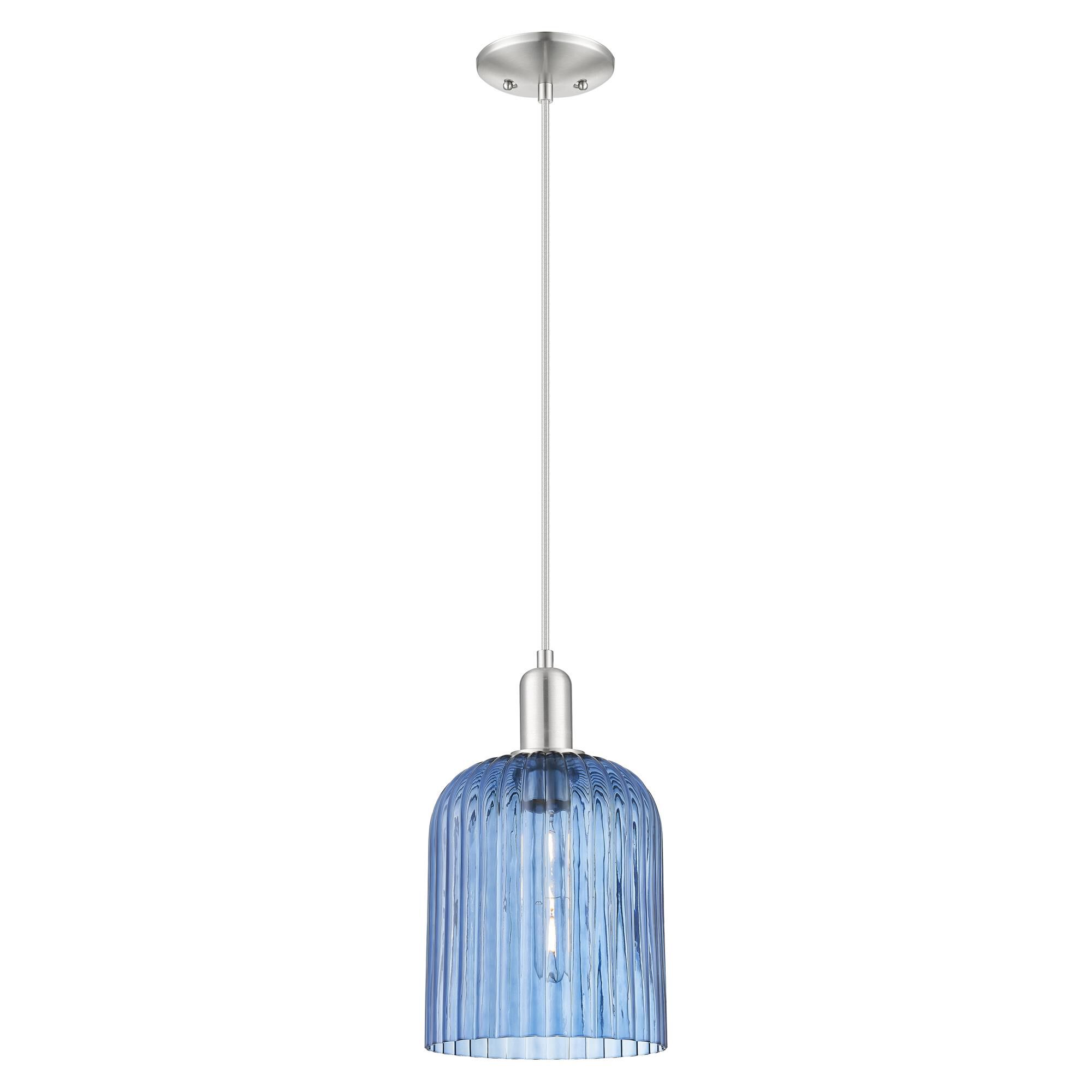 Shown in Brushed Satin Nickel finish and Blue glass