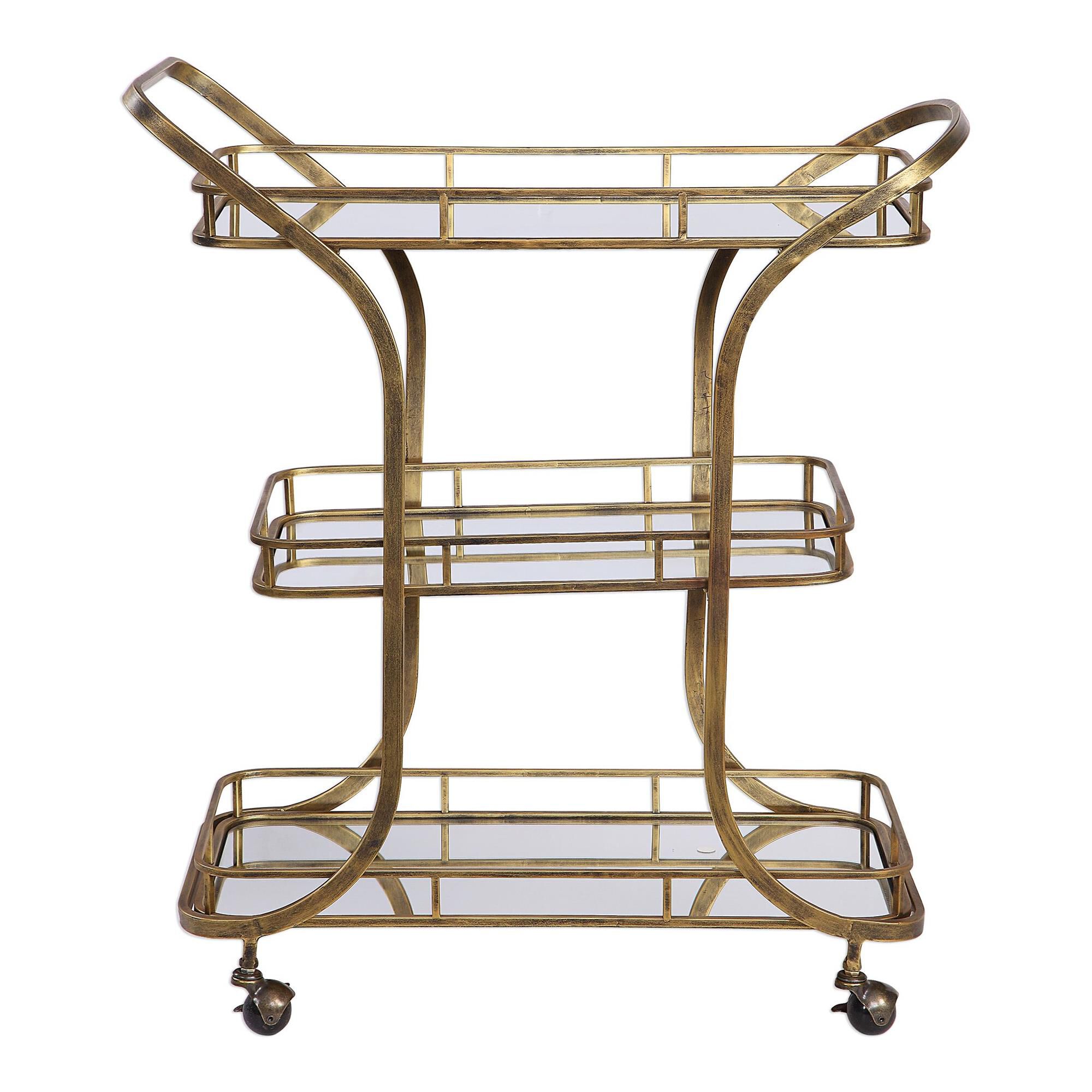 Shown in Hand Forged In Solid Iron, This Transitional Bar Cart Features Three Tray Style Mirrored Shelves Fin finish