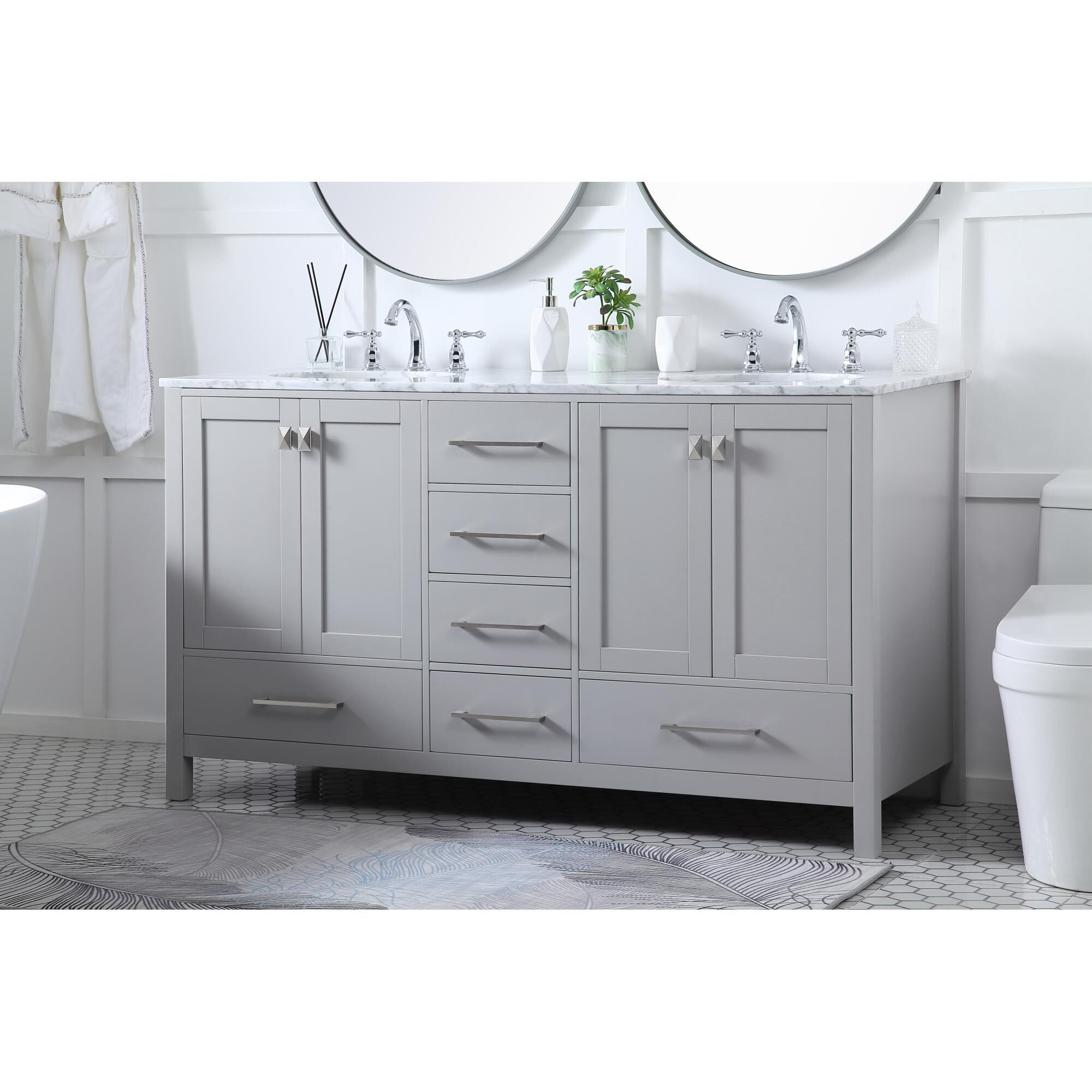 Shown in Gray And Brushed Nickel With Carrara White Marble finish