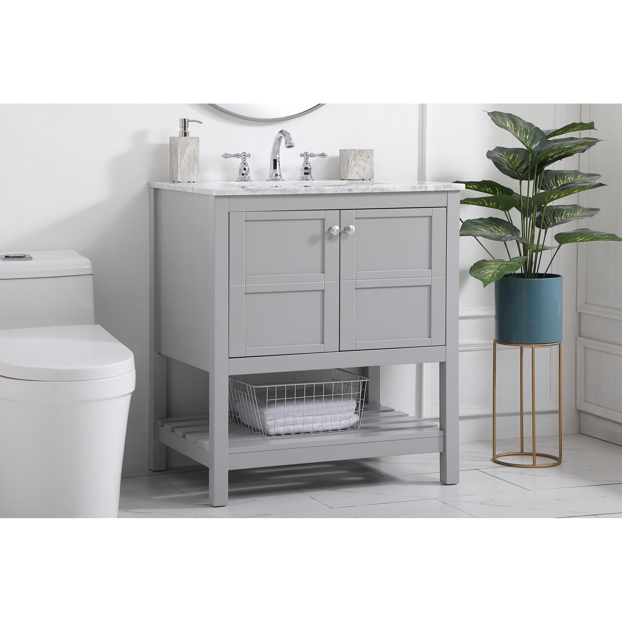 Shown in Gray And Brushed Nickel With Carrara White Marble finish