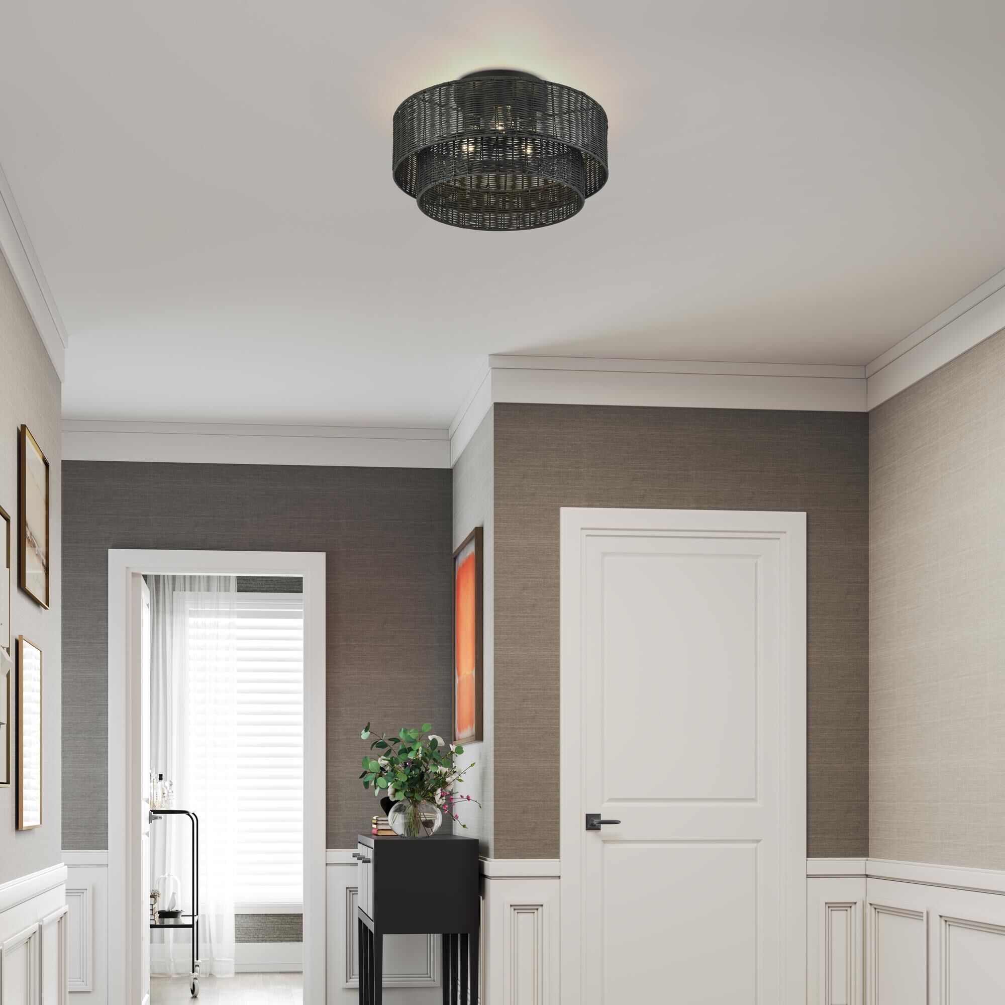 Shown in Black finish and Hand-Woven Charred Gray Color Rattan shade