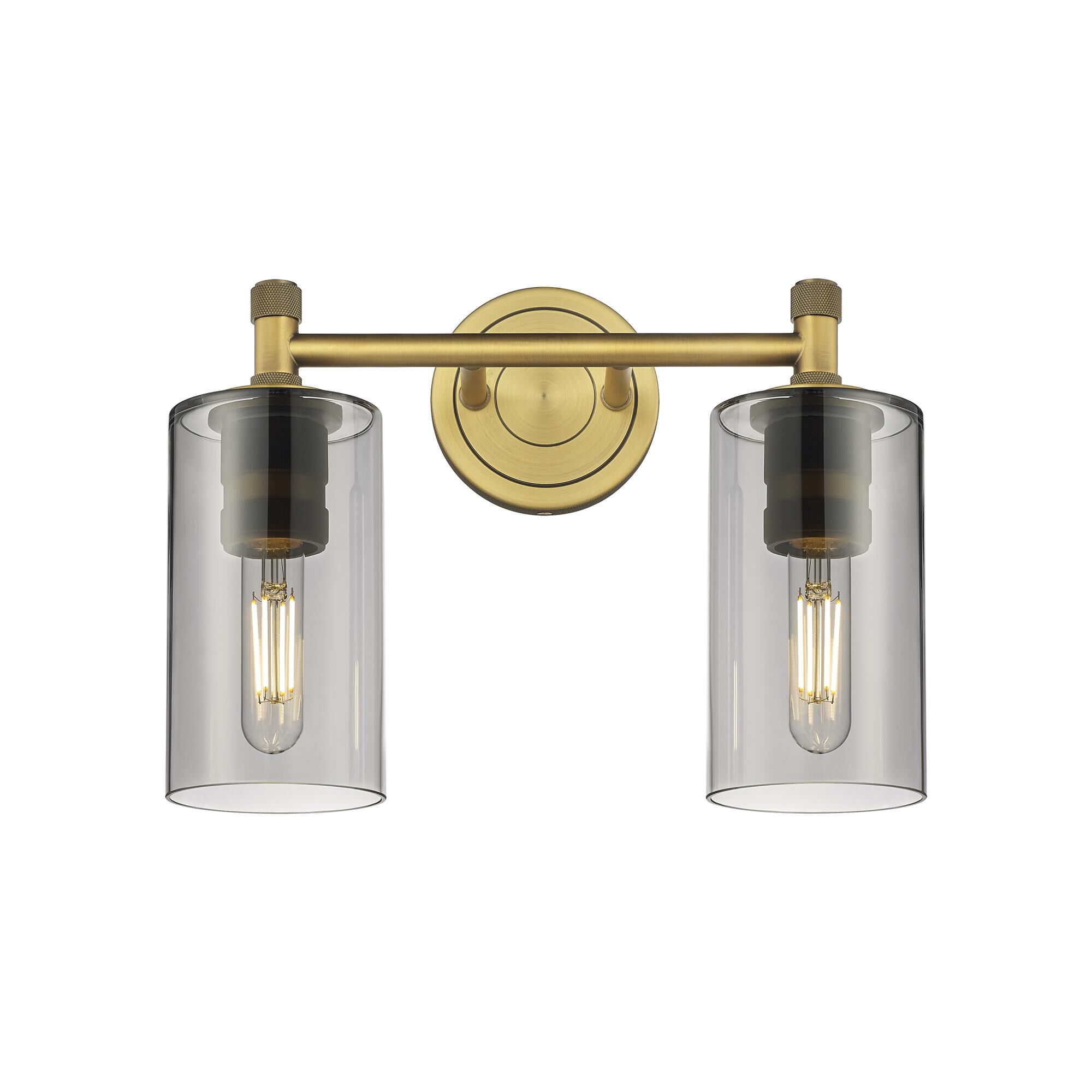 Shown in Brushed Brass finish and Plated Smoke glass and Plated Smoke Glass shade