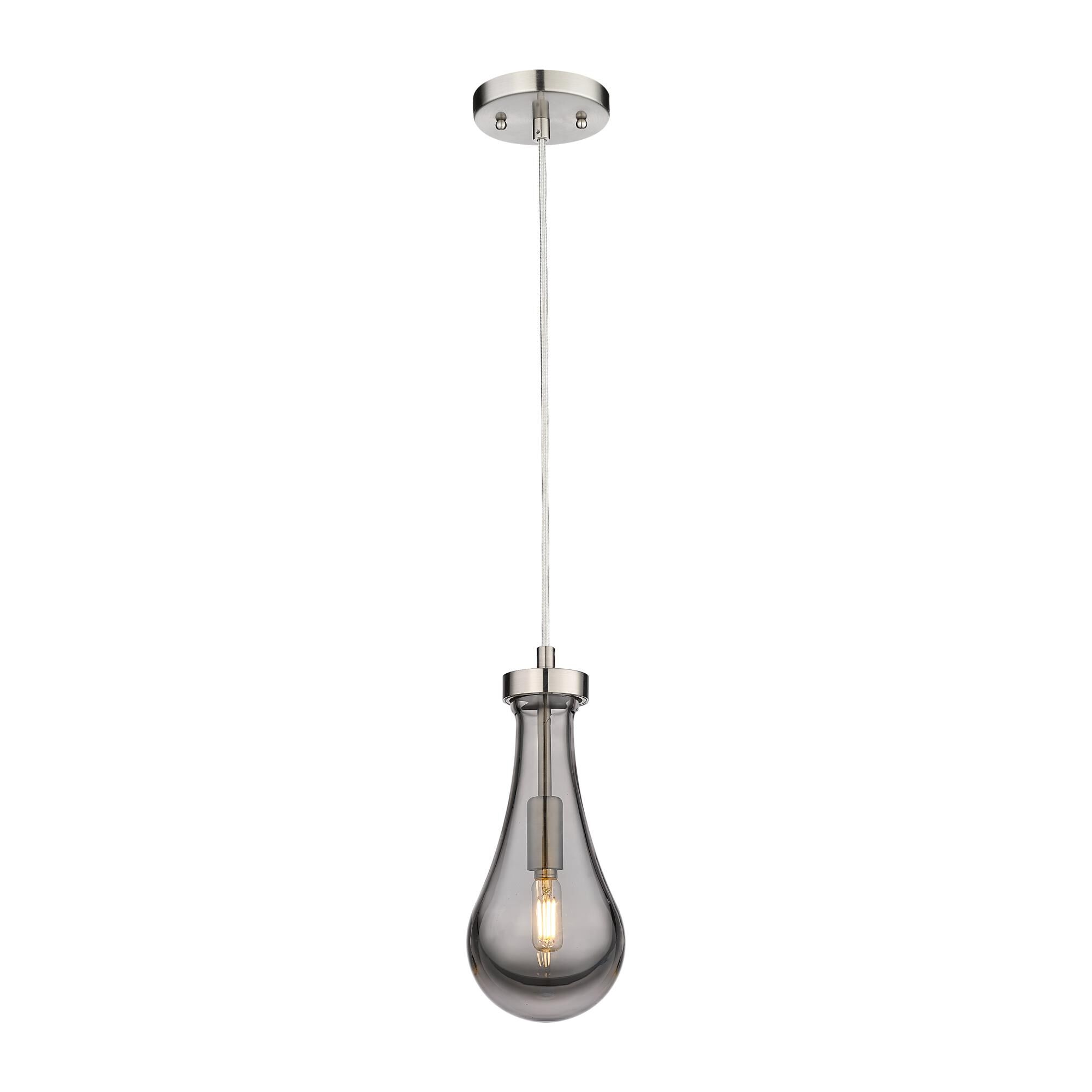 Shown in Satin Nickel finish and Plated Smoke glass and Plated Smoke Glass shade