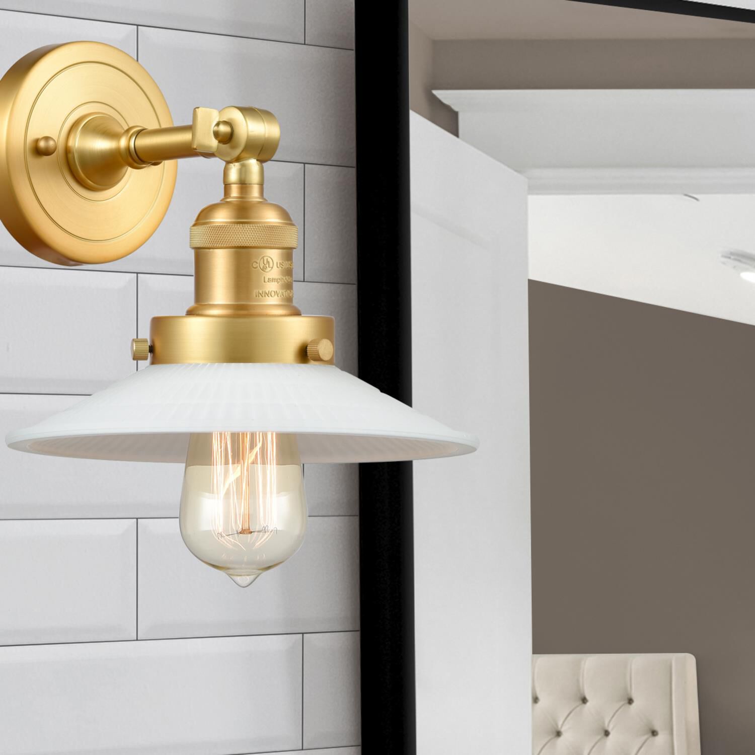 Shown in Satin Gold finish and White Halophane glass