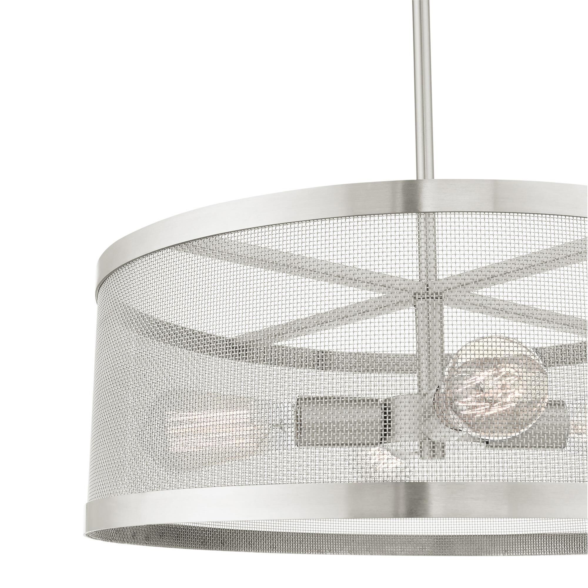 Shown in Brushed Nickel finish and Brushed Nickle Stainless Mesh Shade glass and Brushed Nickle Stainless Mesh shade